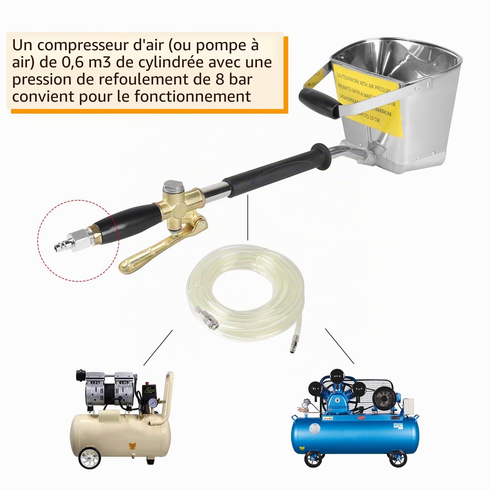 Pistolet à mortier 4 Jets Pistolet à Ciment 3,5 L Machine de plâtrage à air comprimé avec Tuyau d'air Haute Pression de 12 mm x 10 m Outil de Peinture pour Murs et plafonds - sans Couvercle