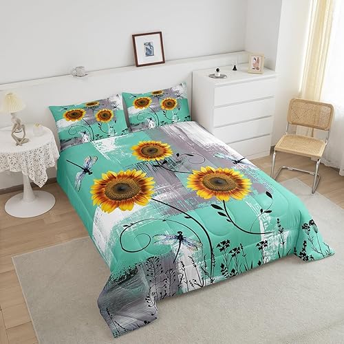 Miniatura 10 de Erosebridal Juego de edredón turquesa con puerta de granero, tamaño Queen, juego de edredón de girasol grunge, rústico, granja, mariposa, edredón