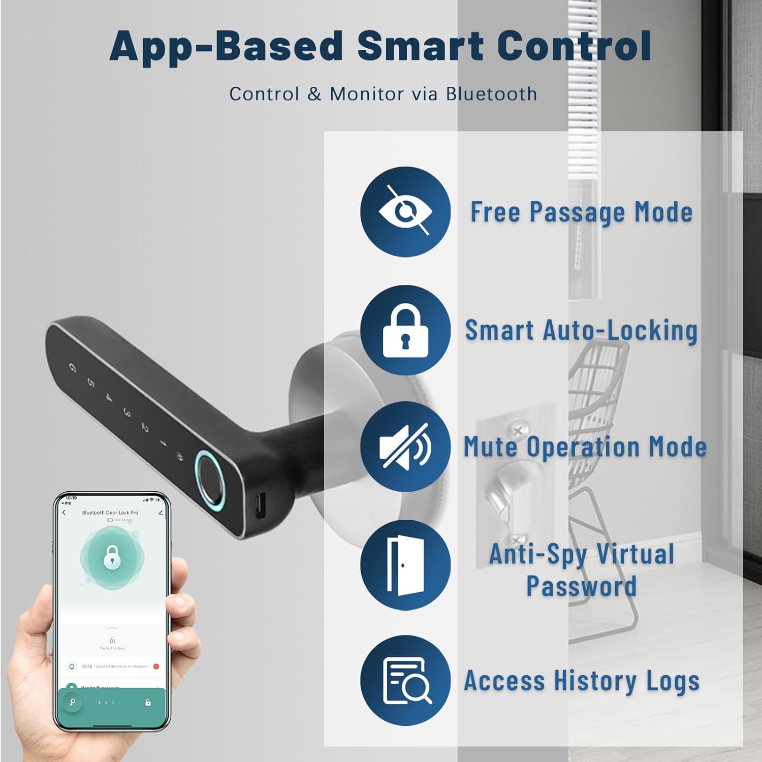 Fingerprint Door Lock with Biometric Door Knob – 5-in-1 Keyless Entry, Anti-Peep Code, Auto-Lock & Inside Lock for Home, Office, Bedroom, Apartment, Black