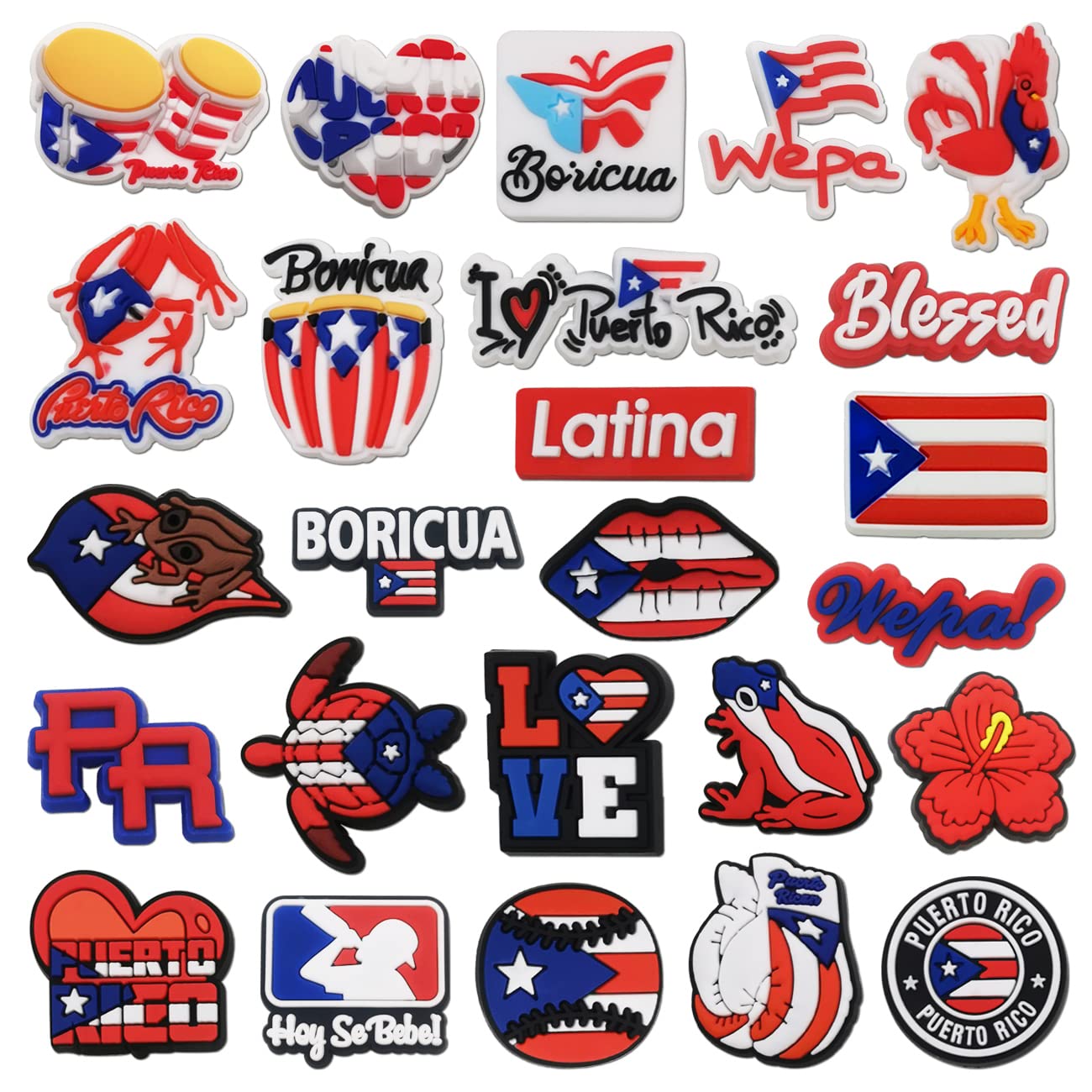 25Pcs Puerto Rico Charms for Shoe Bubble Slides Sandals Clogs, Puerto Rican Boricua Shoes Decorations for Women Men Adult Girls, red