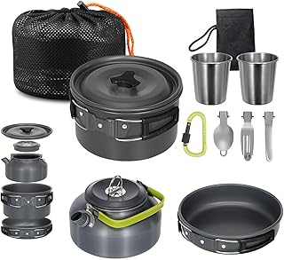 Lixada Camping Cookware Set Lightweight Camping Pot Aluminium Pan Kettle Cups Spoon Fork Cutter for Picnic Hiking Cooking Camping 2-3 People