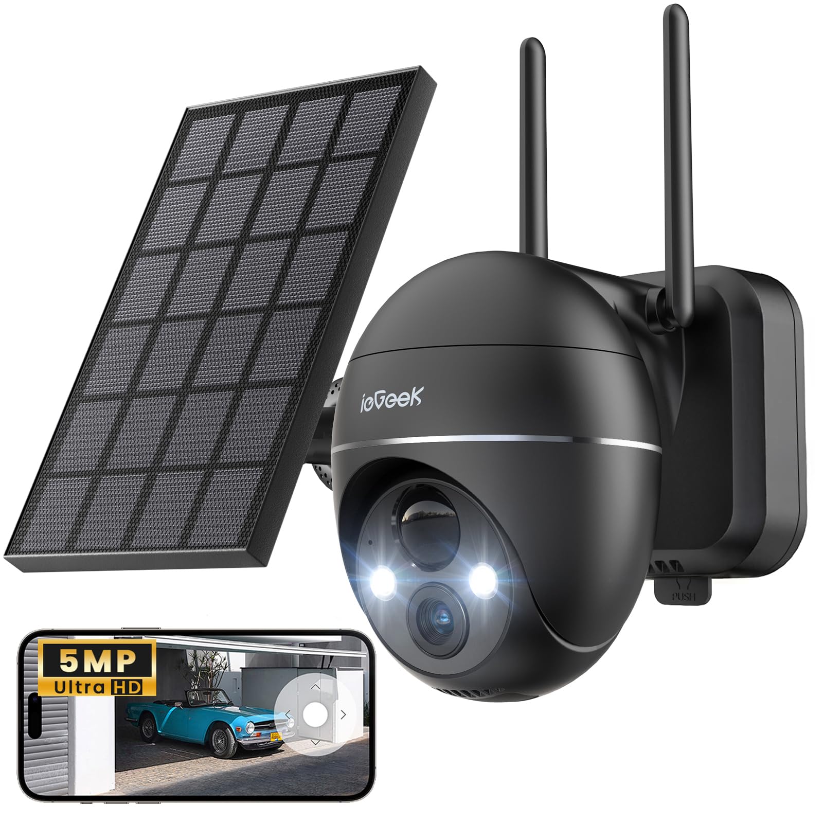 ieGeek 5MP Überwachungskamera Aussen Akku, PTZ Überwachungskamera Aussen WLAN mit Solarpanel,PIR-Bewegungsmelder, 30M Farbige Nachtsicht, Zwei-Wege-Audio, 2.4GHZ WiFi, 4DBi WLAN-Antenne,Alexa Kamera | 30m Farbnachtsicht, PIR-Bewegungsmelder, Zwei-Wege-Aud