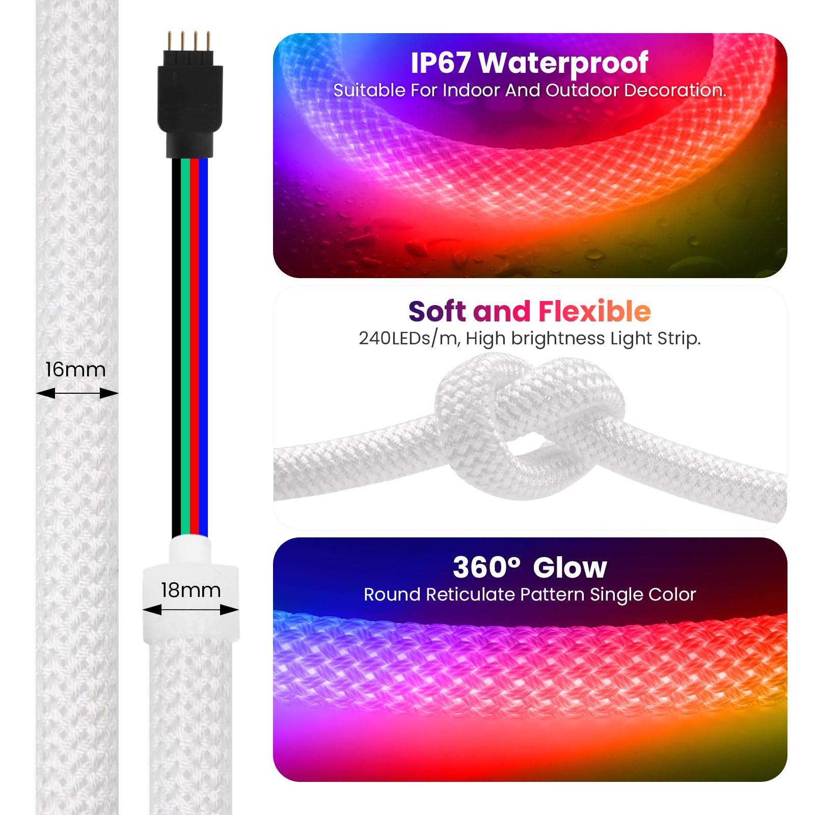 24V RGB LED Neon Flex Light – Ø16mm, SMD3535, 240 LEDs/m, IP67 360°RGB LED Band Schlauch Lichtband für Weihnachten, Hochzeiten, Werbung & Architekturbeleuchtung(7M)