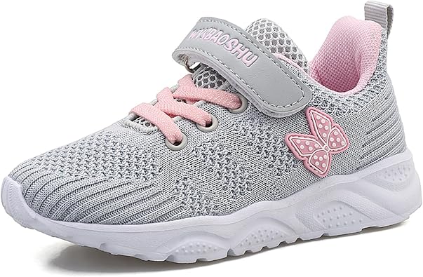 Girls Trainers Non Slip Kids Running Shoes Lightweight Breathable Little Big Girl Sneakers for Soprts Athletics Tennis Gym Daily Jogging Casual Outdoor Indoor Cute, Grey, Size 2 UK
