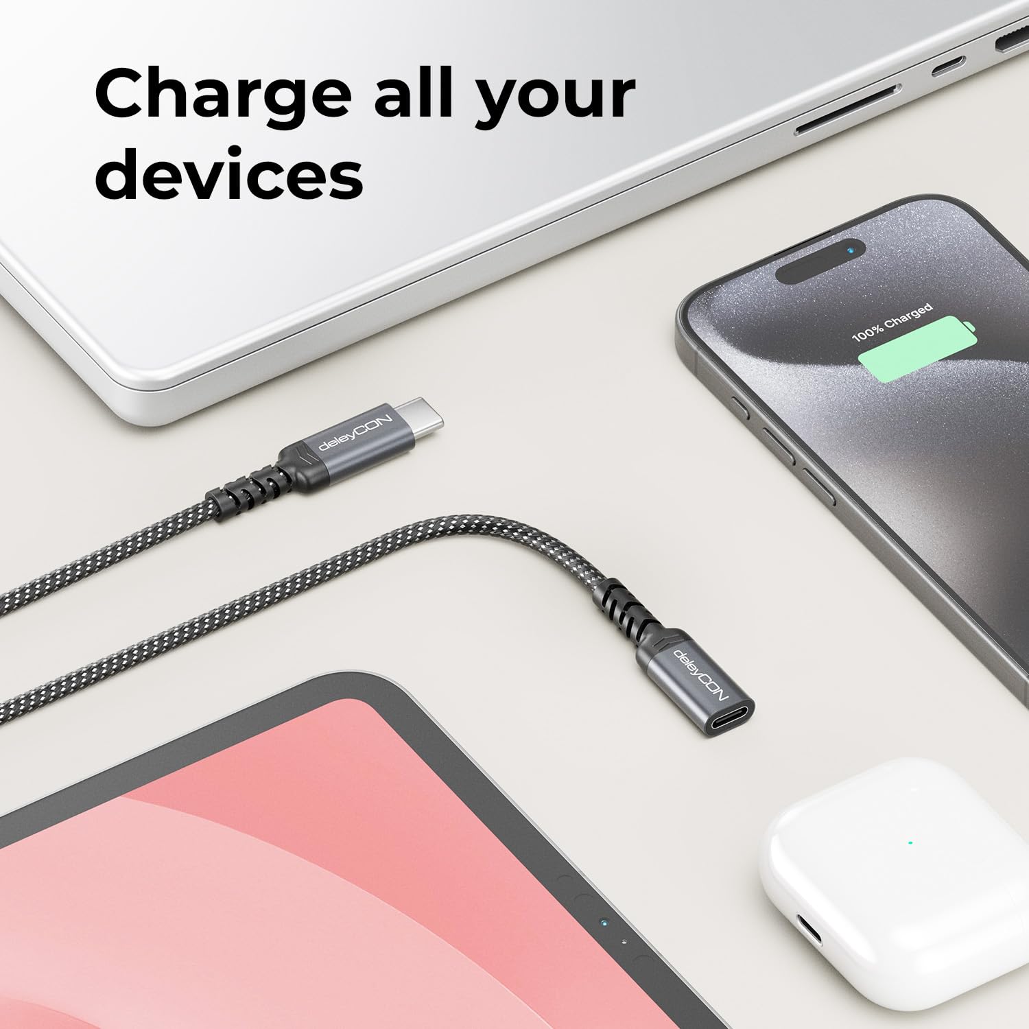 deleyCON 2m Prolunga USB-C 100W per Ricarica Rapida - Cavo PD 3.0 di Ricarica e Dati per iPhone 17 16 Pro Max Air Galaxy A16 A56 S25 S24 iPad MacBook Tablet Notebook