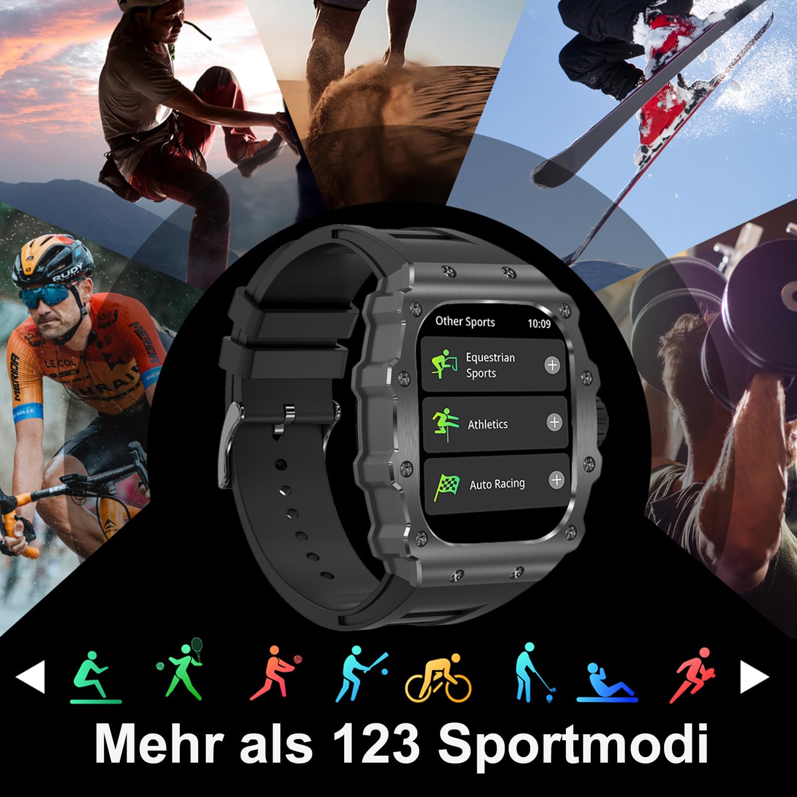 Militär Smartwatch Herren mit Telefonfunktion für Android iOS 1.95 Zoll AMOLED Touchscreen Fitnessuhr Blutdruck Herzfrequenz Schlafmonitor IP68 Wasserdicht Outdoor Sportuhr Langer Akku 123 Sportmodi