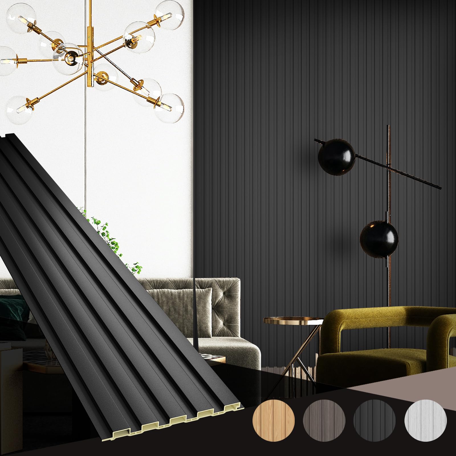Photo 1 of OUZUGIE WPC Acoustic Slat Wall Paneling, 8-Pack 114 x 6 Inches 3D Wall Panels for Interior Wall Decor,Living Room,TV Background,Study Room,Office Spaces,Bedroom,Low Grille (Black)