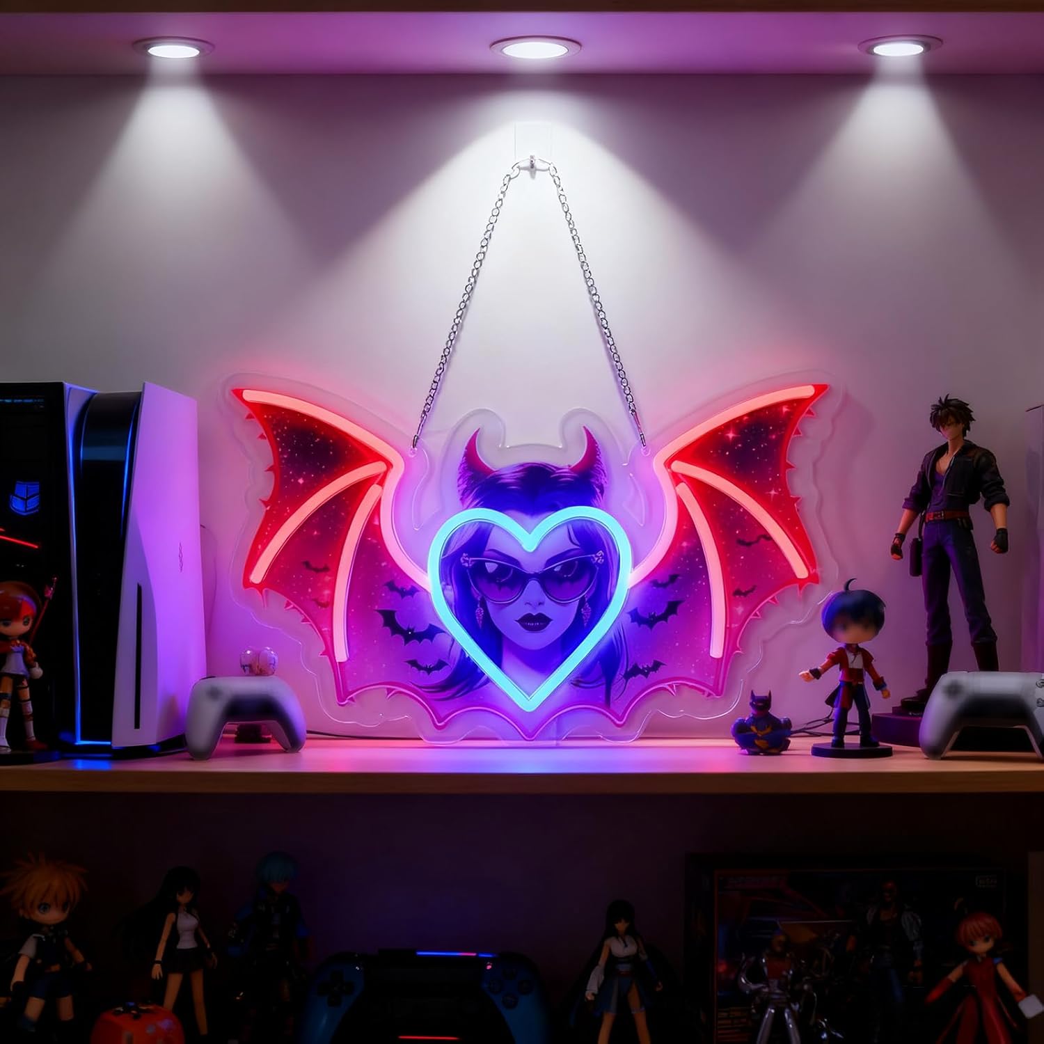 Monst Neon Sign - 15.7" x 10" Gothic Vampire LED Wall Light, Red/Blue Glow, Dimmable USB Decor - Dark Fantasy Gift for Game Room