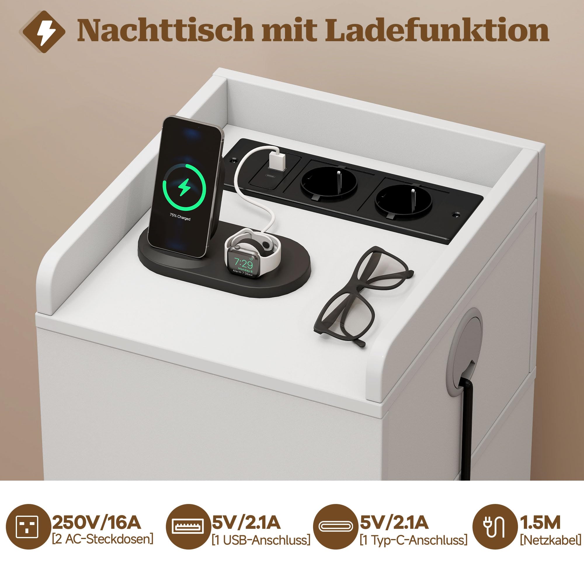 Quikraen Nachttisch Schmal mit Steckdose und LED, Weiß, 26.2x29.6x65 cm | mit 2 Schubladen, 1 offenes Fach, mit USB-/Typ-C sowie 2 wechselstromsteckdosen, 26.2x29.6x65 cm für Schlafzimmer