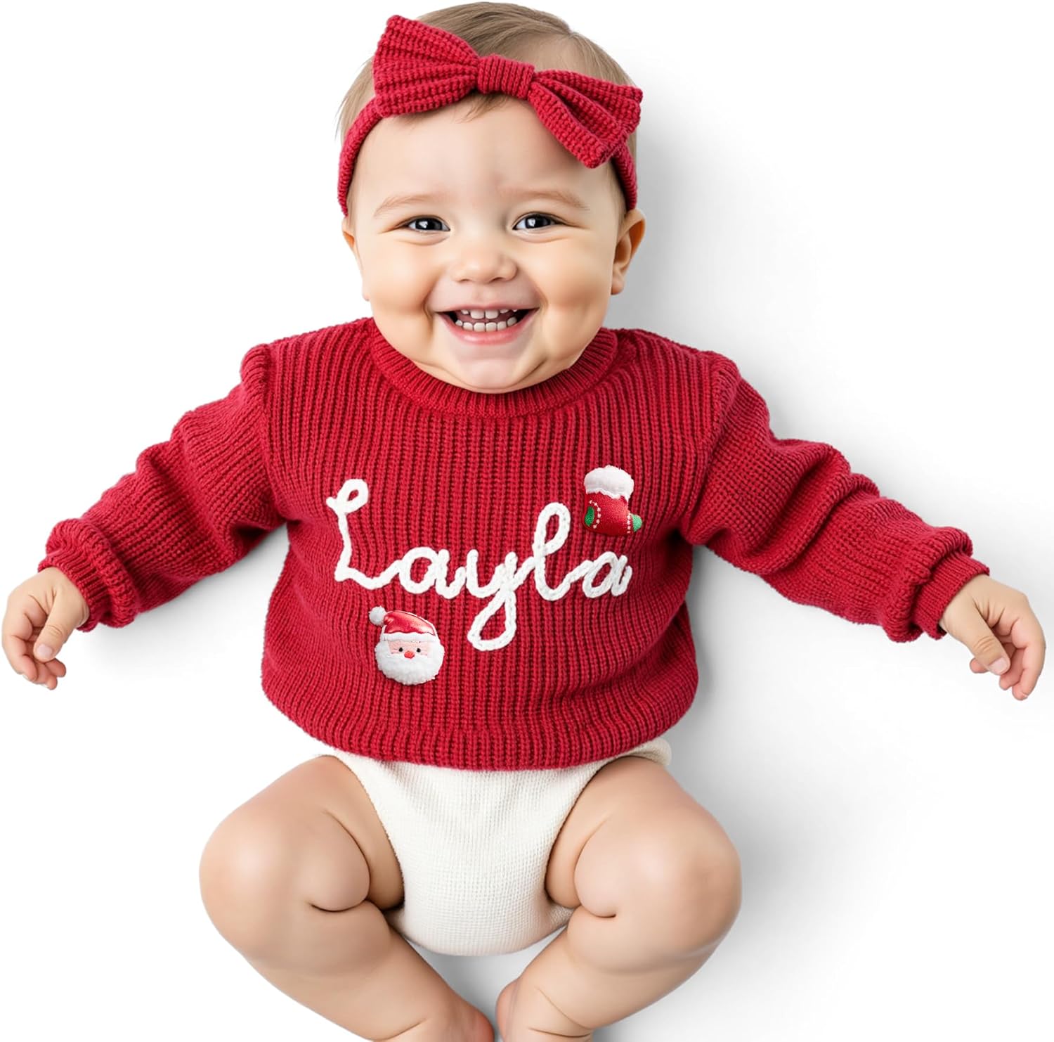 Custom Christmas Name Baby Knit Sweater - Embroidered, Personalized for Newborns. Unique Customized Gift for Baby