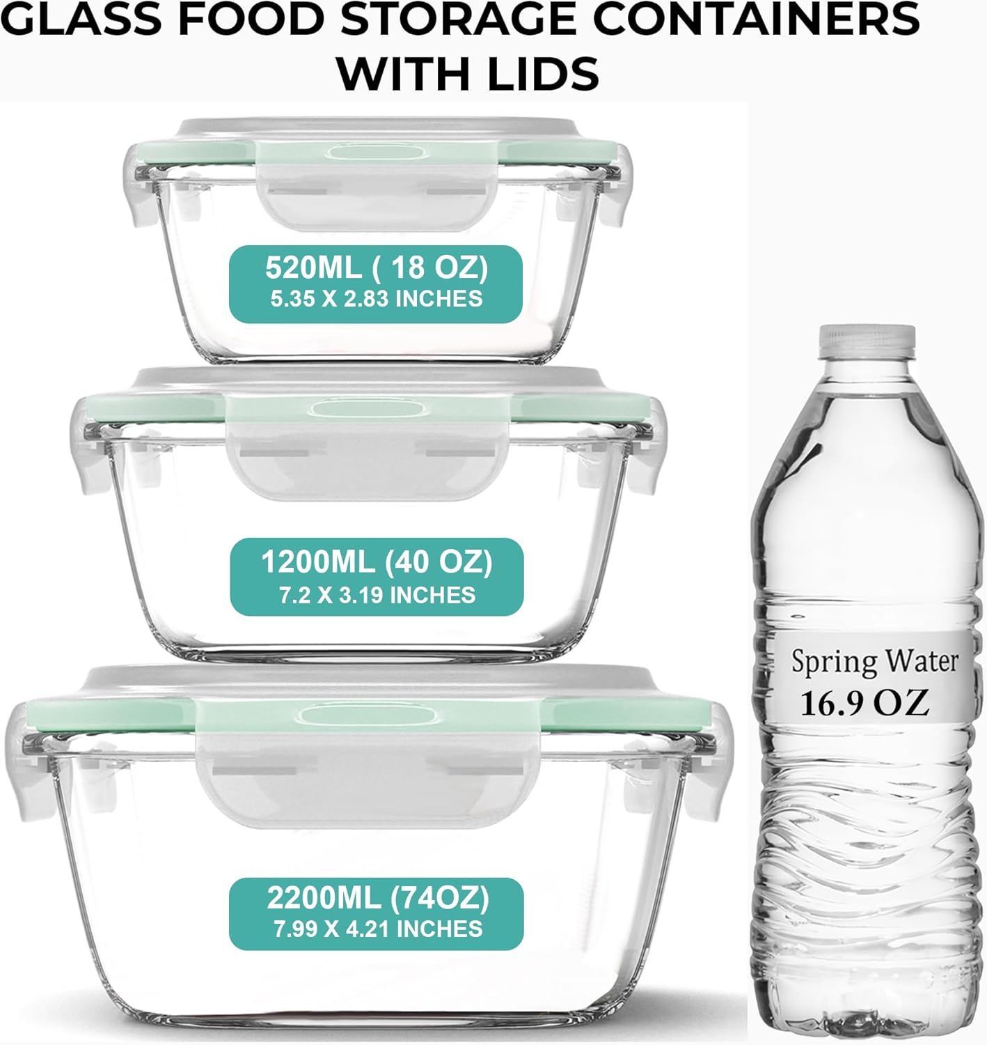 Razab 6 PC Square Glass Food Storage Containers with Airtight lids (74, 40 & 18 oz) Kitchen Glass Meal Prep Containers Set for Freezer Reusable Leftover Lunch Boxes, Oven, Microwave, Dishwasher Safe - Image 3