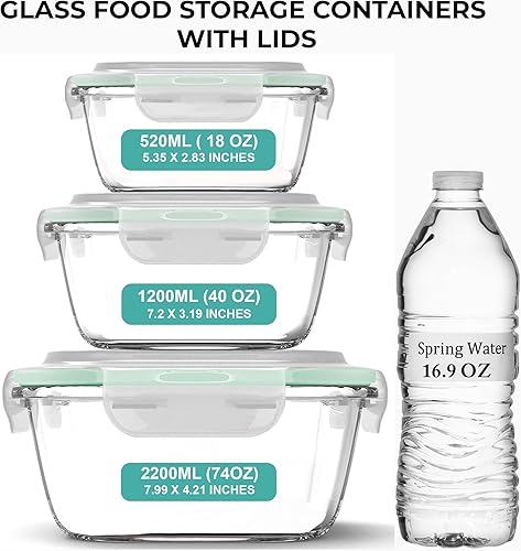 Miniatura 2 de Recipientes de vidrio extragrandes para comida con tapa hermética, 6 piezas [3 contenedores con tapas] aptos para microondas, horno, congelador y