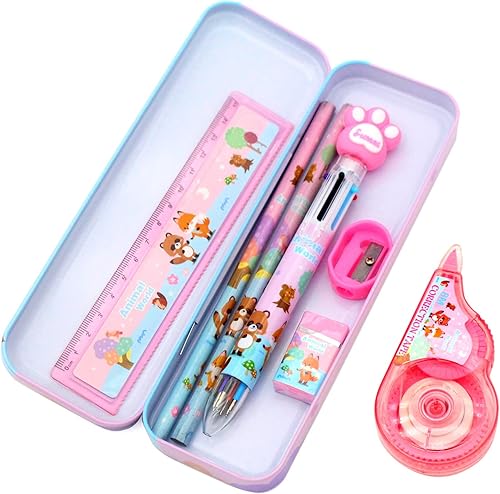Gosyfeti Juego estacionario de 8 piezas para estudiantes de primaria, caja de lápices, 2 lápices, bolígrafo de 6 colores, sacapuntas, borrador,