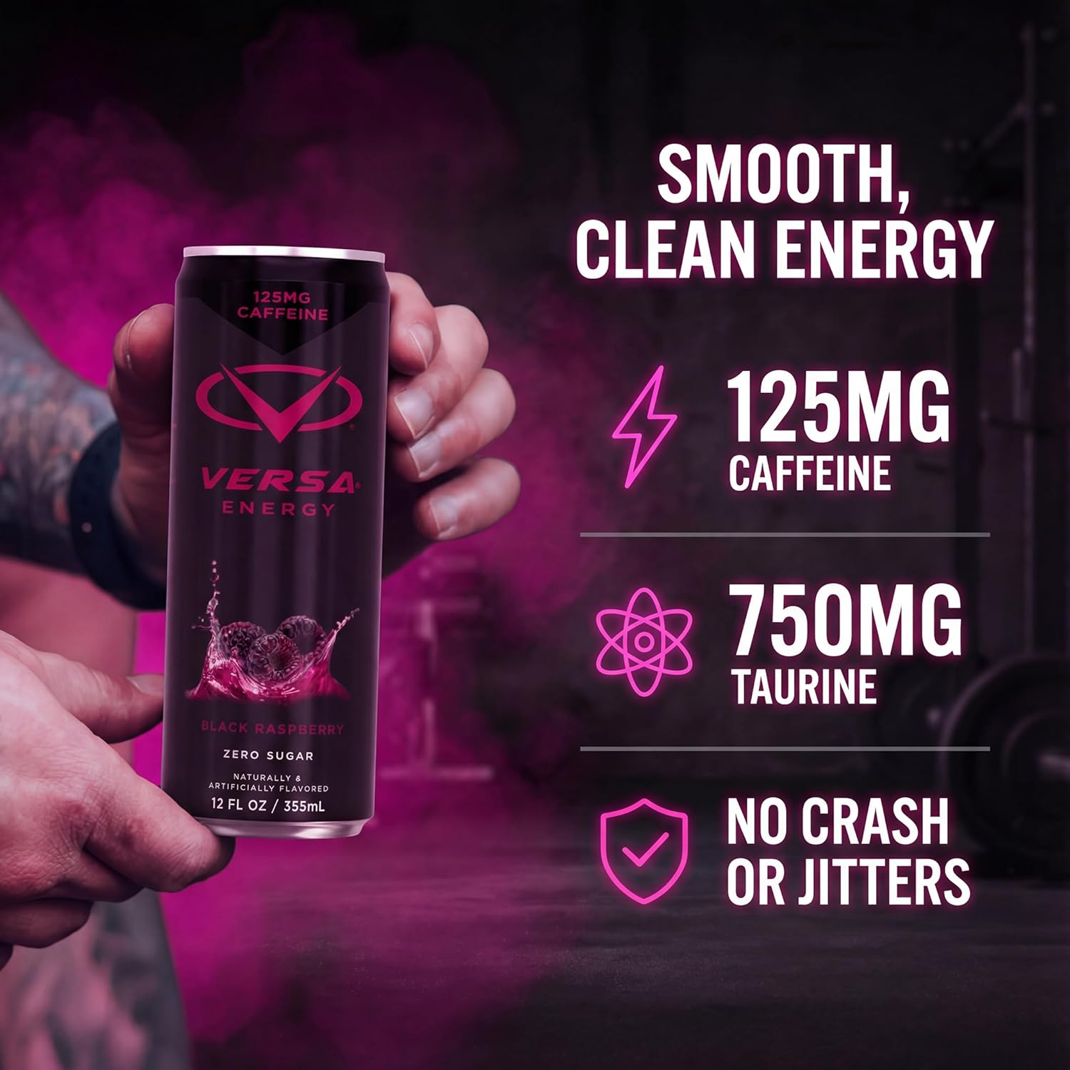 VERSA Energy by PEScience, Sugar Free Energy Drink, 125mg Caffeine, Perfectly Carbonated, Black Raspberry, Case of 12