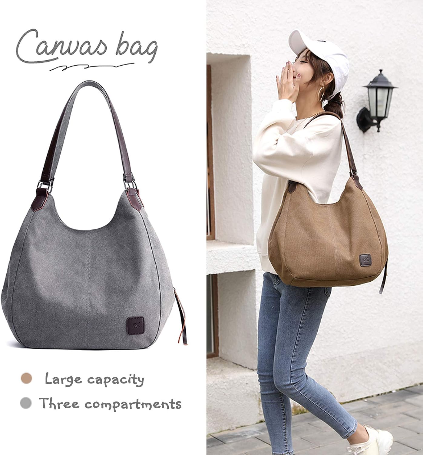 DOURR Women's Multi-pocket Shoulder Bag Fashion Cotton Canvas Handbag Tote Purse - Image 3