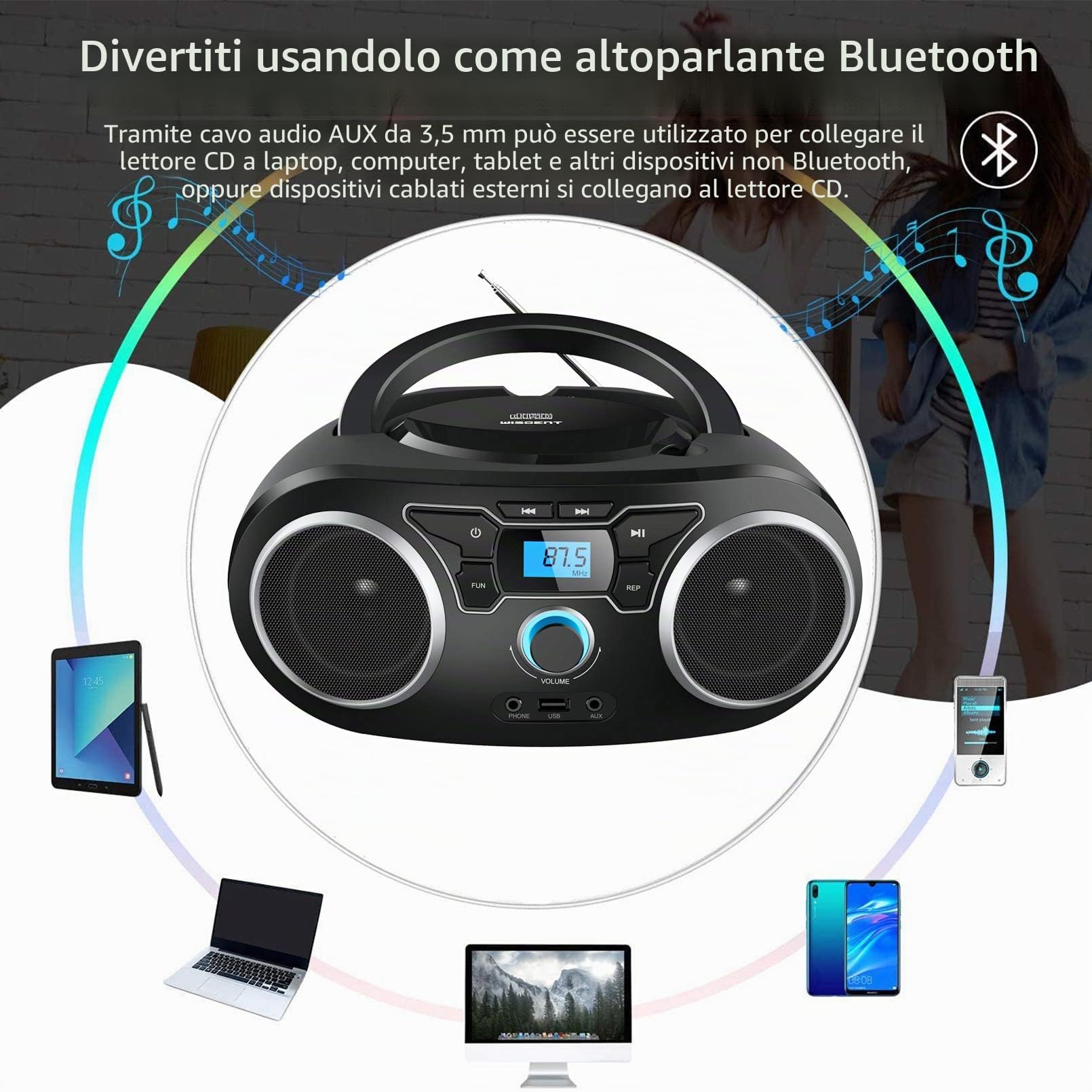 WISCENT Lettore CD Boombox Portatile - Stereo con Radio FM, Ingresso Bluetooth, USB, AUX, Uscita Auricolari, Audio Domestico Compatto, AC o Alimentato a Batteria