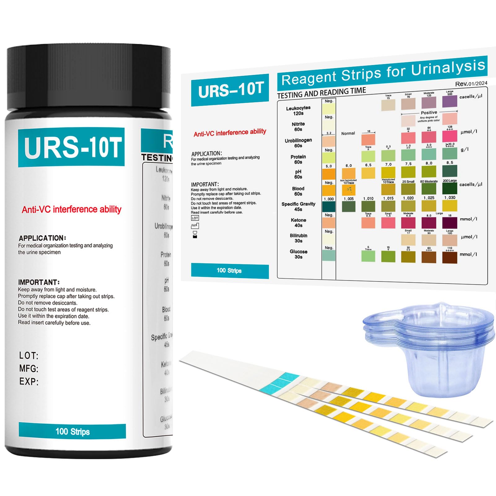 100 strisce reattive per analisi delle urine | Strisce reattive per urina da 10 parametri, contiene 10 bicchierini per urina usa e getta per un facile confronto dei parametri.