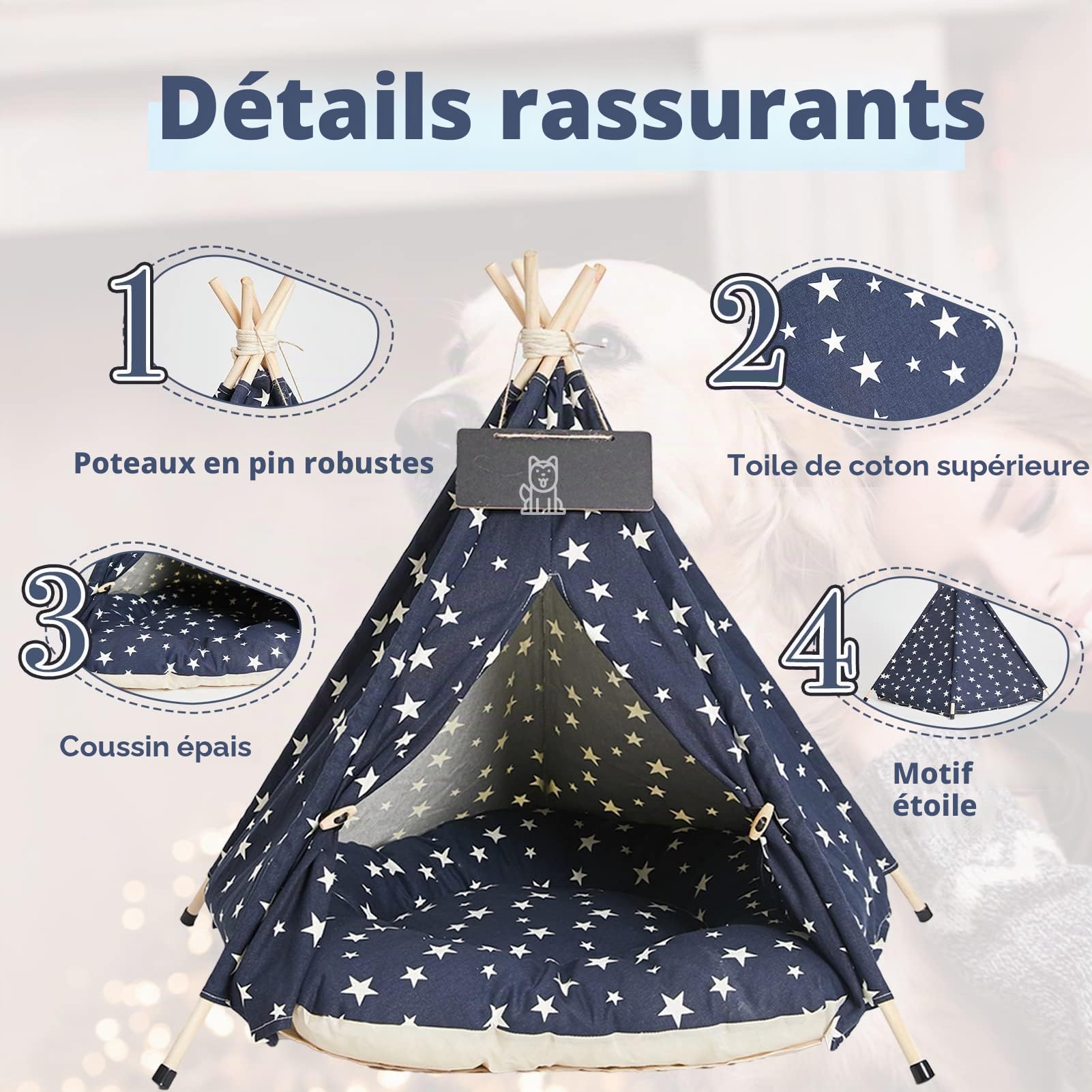 Tipi | Tente Animal de Compagnie de Moyen Taille -Lit Lavable pour Chien&Chats avec Oreillers - Tentes | Maisons pour Animaux avec Oreiller Épais et Tableau