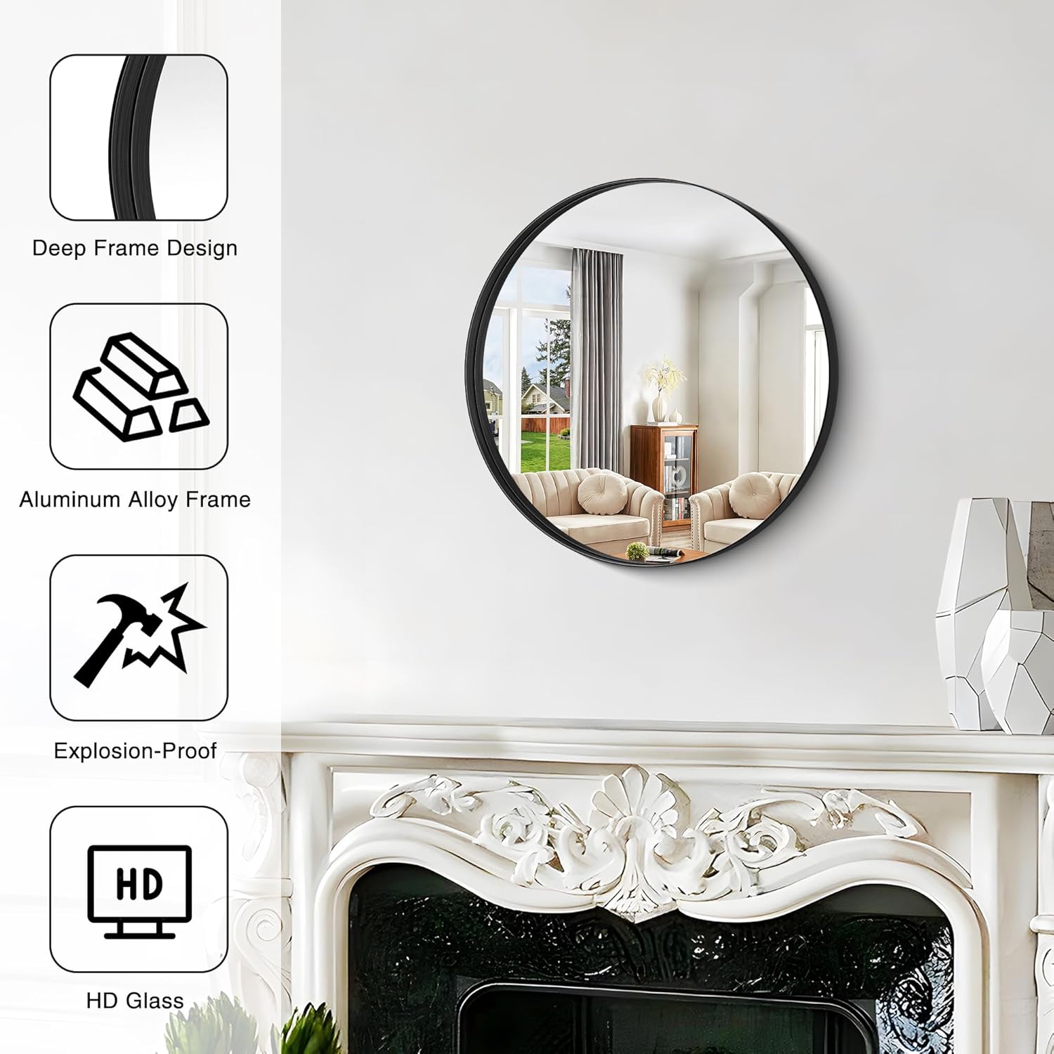 Black Round Mirror 18 inch Deep Frame Circle Mirror, Metal Framed Bathroom Mirror, Round Vanity Mirror, Circle Mirrors for Wall Entryway Bedroom Living Room Hallway