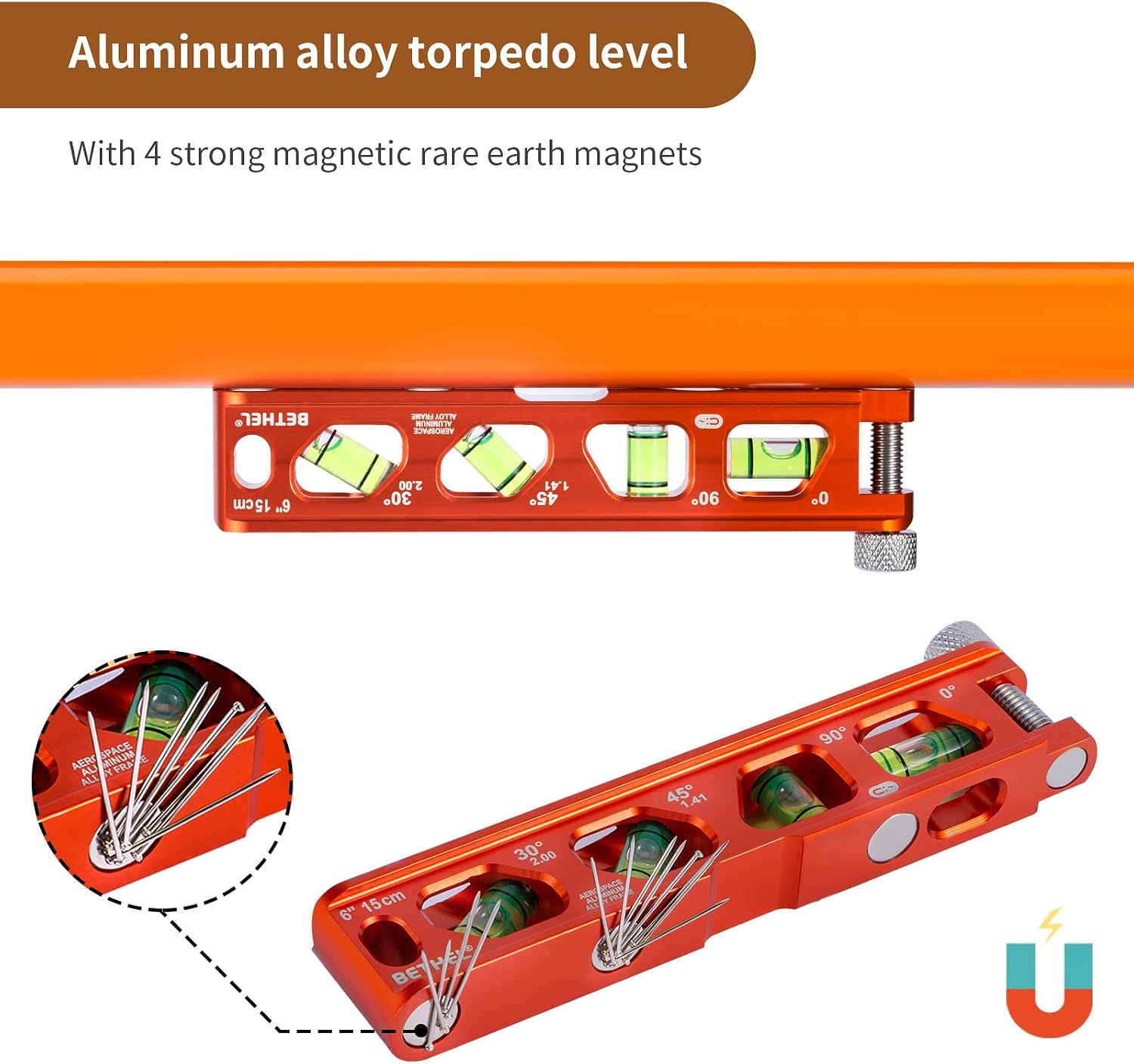 BETHEL 6 Inch Magnetic Torpedo Level Aluminum Alloy Leveltool Orange image 5