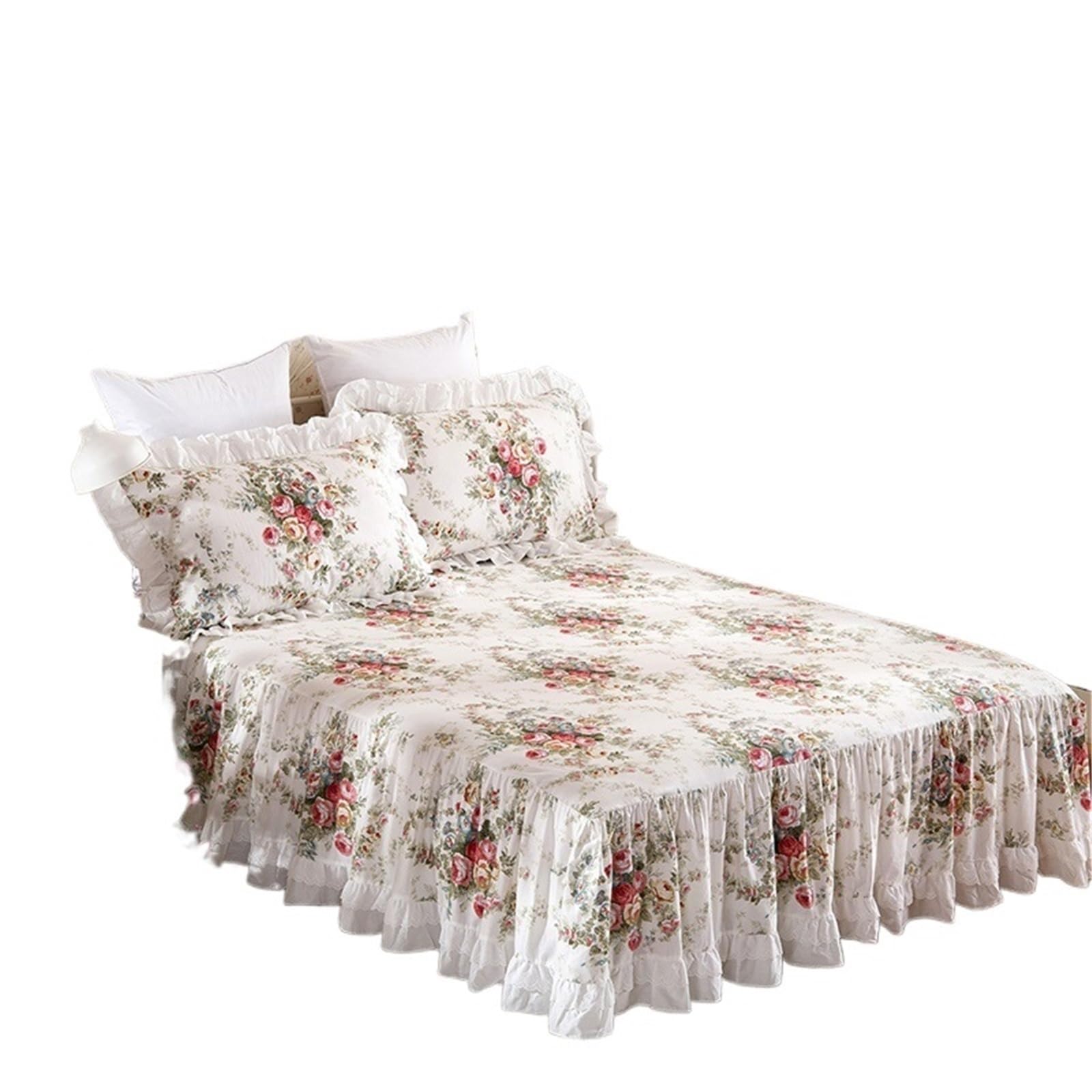 Ruffled Bed Skirt Princess Bedding Bed Skirt Pillowcases Pink Flowers Printing Cover Ruffle Bedspread Mattress(Color1,1pc 180x220cm)