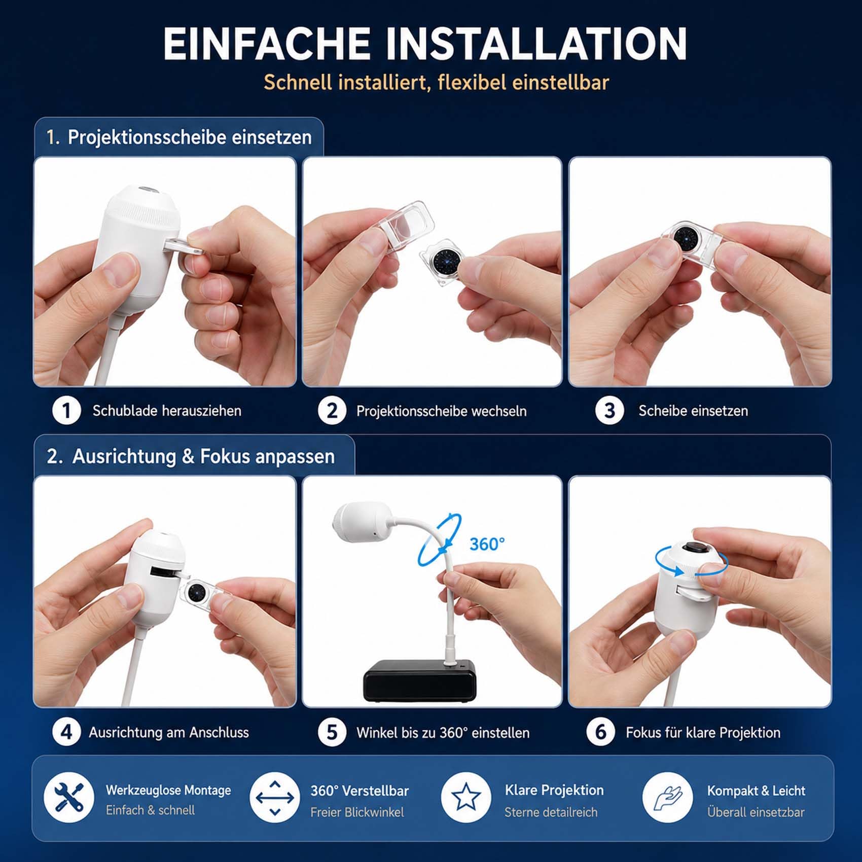Comauo Night Light Projector, Plug And Play Hd Sternenprojektor mit 24 Projektionsfolien, Flexibler Schwanenhals, 360° Drehbar, Galaxy Nachtlicht für Kinderzimmer und Schlafzimmer (24 Sternensplitter)