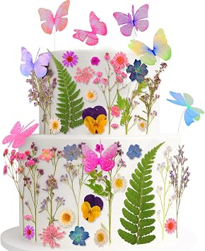 Flower Cake Decorations Wildflower Baby in Bloom Dried Flowers & Butterflies, Pressed Flowers Cakes Topper for Baby Shower, Birthday, Wedding, Bridal, Rustic Party Wildflowers Decor