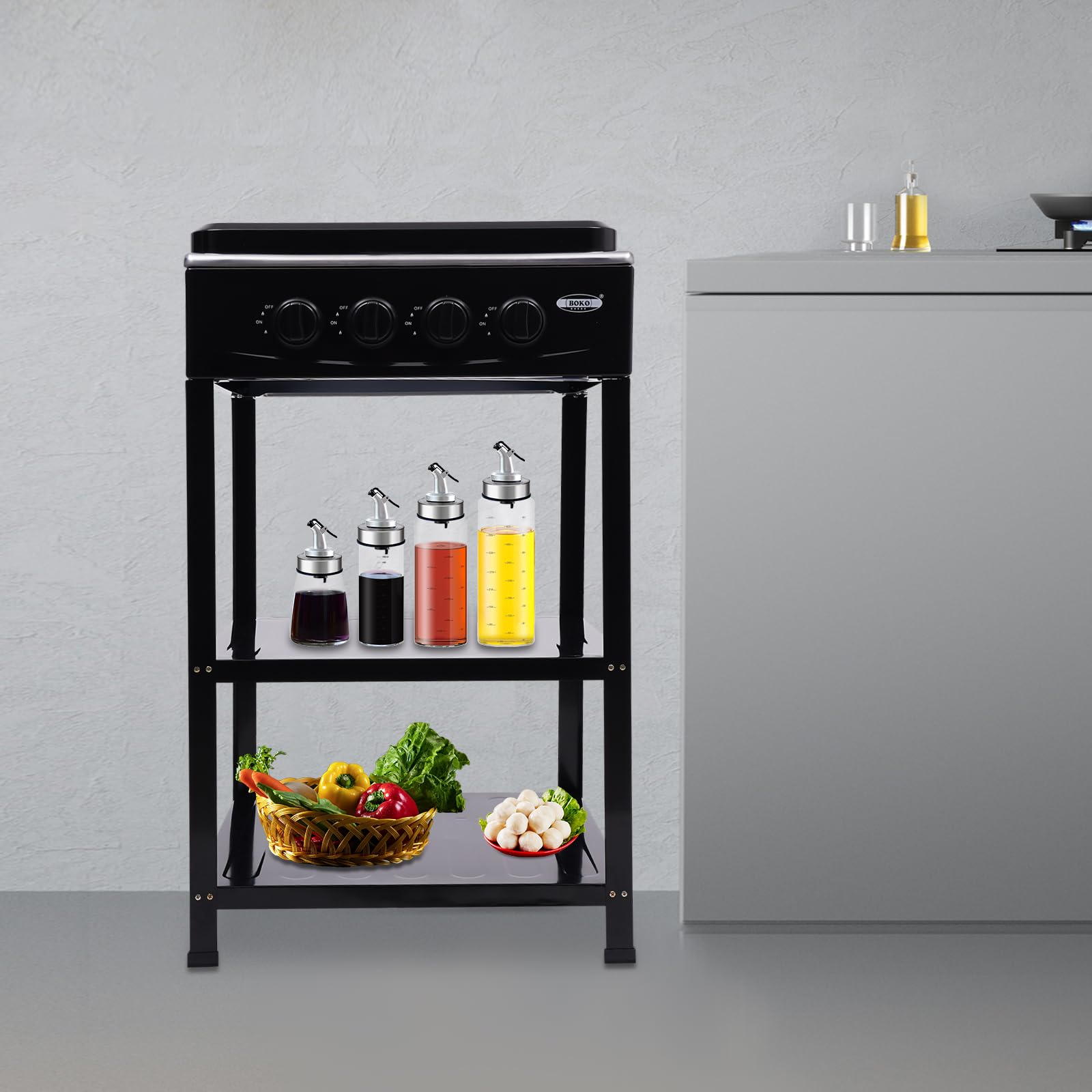 Hornillo de gas 4 fuegos estufa de gas camping negro doble soporte de almacenamiento tamaño 49x49x79cm adecuado para acampar en chimeneas y cocinas exteriores