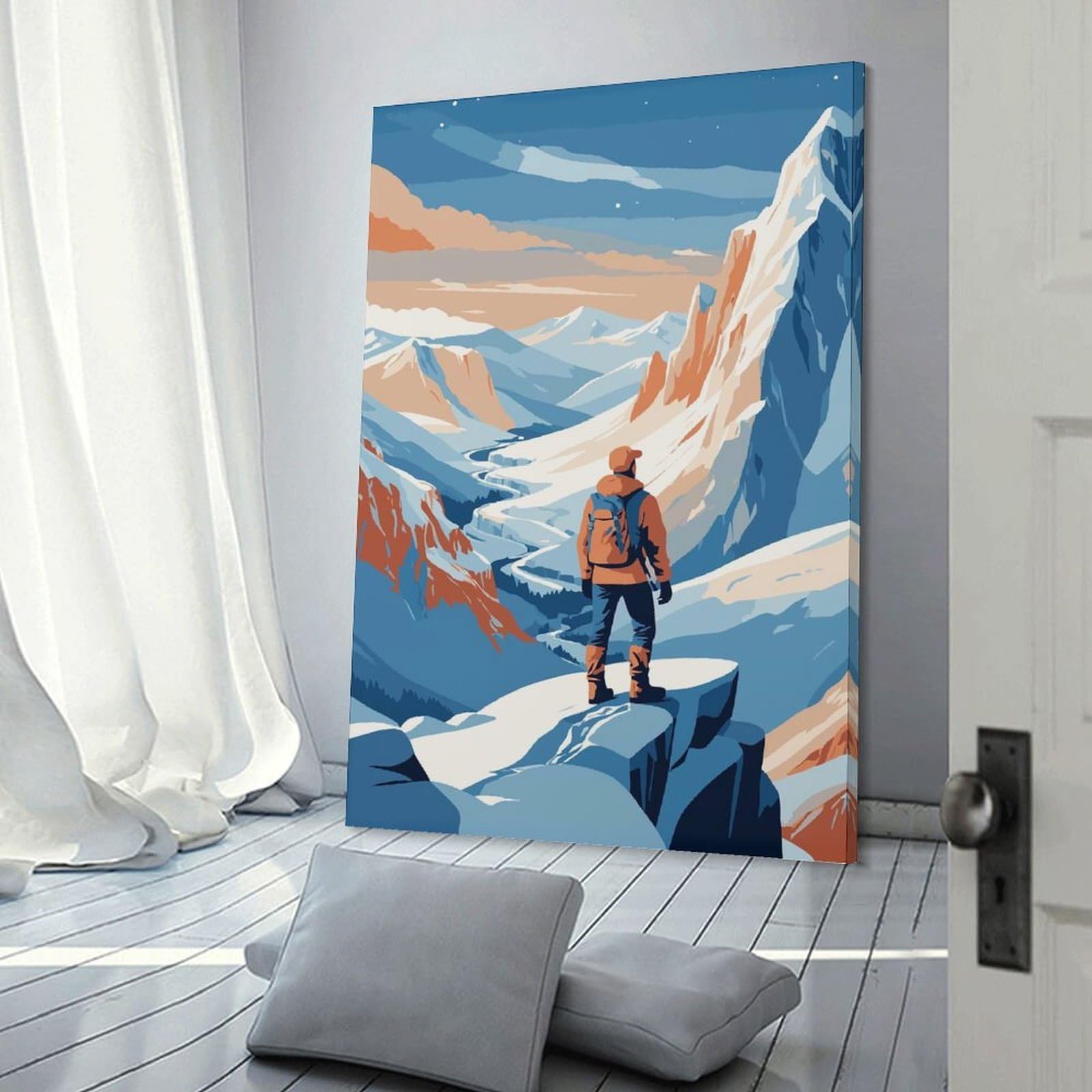 Junmoney Mountain Hiker Landscape Illustration Home Decor Wall Art, 12x18inch(30x45cm), for Calm Bedrooms, Home Corners Or Flats, Canvas Wall Decor for Personal Spaces