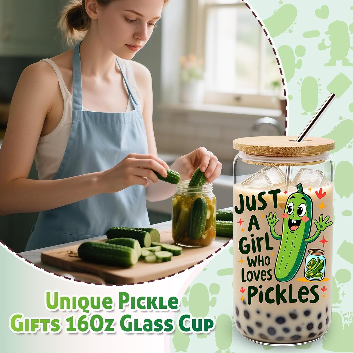 9 Pieces Pickle Gifts for Women, Funny Pickle Lovers Gifts for Women with 16 Oz Glass Cup, Tote Bag, Makeup Bag, Socks, Earrings, Keychain for Birthday Christmas Mothers Day