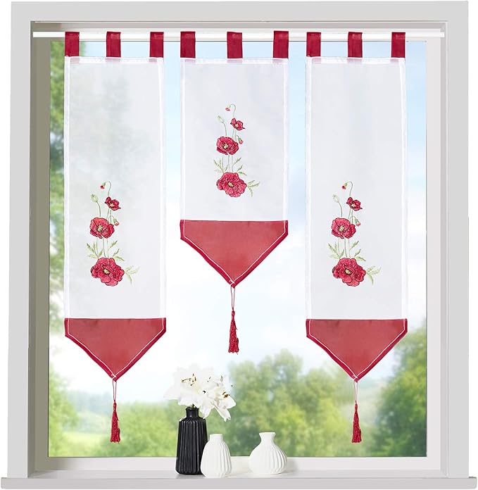 Rideaux Brise Bise Grande Hauteur Rideau Brise-Bise Brodé Devola - 90x60 Cm - Blanc - Pompons - Style Campagne Voilage Brodé Pompons