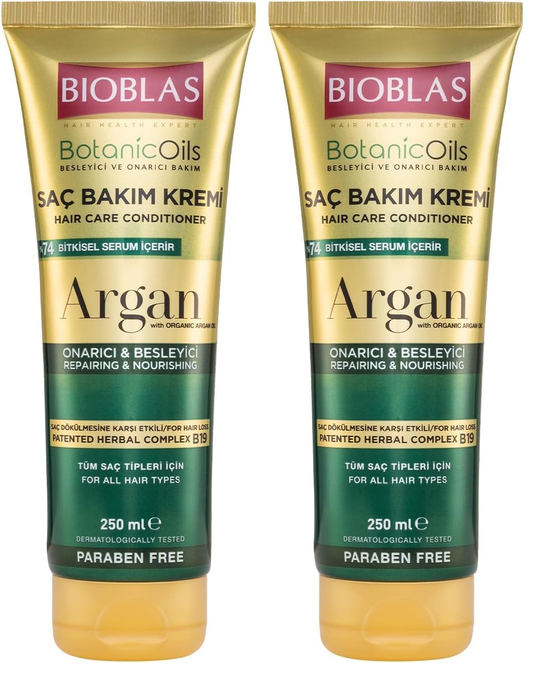 Bioblas Saç Dökülmesine Karşı Bakım Kremi – Argan Yağlı, Bitkisel Kompleks B19,%74 Bitkisel Serum, Onarıcı & Parlaklık Veren Saç Kremi, 250 ml (2 paketi)