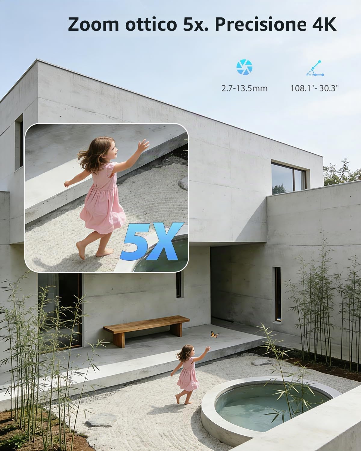 Ctronics 4K Telecamera Esterno con Zoom Ottico 5X,Auto-Tracking, 5G/2,4G | Visione Notturna Colore/IR Starlight 50m, Auto-Tracking, Luce Rossa-Blu & Sirena,Mascheramento Privacy, APP/PC, 256GB/FTP/NAS