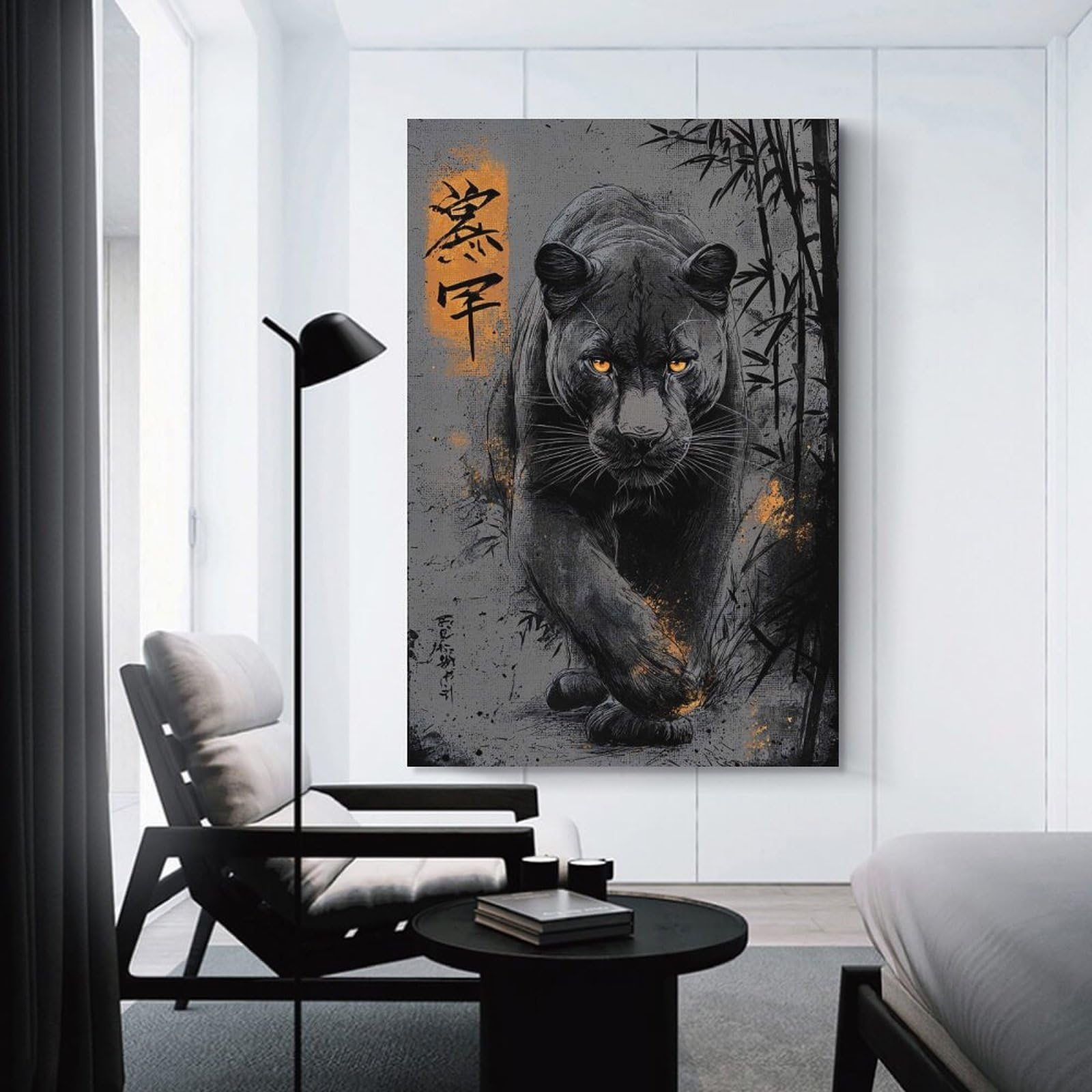 Junmoney Unframe-Style-20 Black Panther With Bamboo And Text Wall Decor Canvas Print, 12X18inch(30X45cm), For Lounge, Bedroom Or Personal Spaces, Thoughtful Wall Decor For Art Lovers