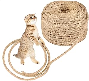 O'woda Cat Natural Sisal Rope for Cat Scratching Post Replacement, 1/4 inch Diameter, for Repairing, Recovering or DIY Scratcher, Hemp Rope for Cat Tree and Tower
