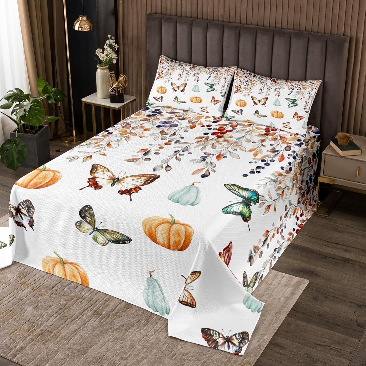 Erosebridal Rainbow Butterfly Bedspread Set Queen,Thanksgiving Pumpkin Bedding Set,Retro Autumn Leaves Coverlet Sets,Fall Autumn Harvest Room Decor with 2 Pillow Cases