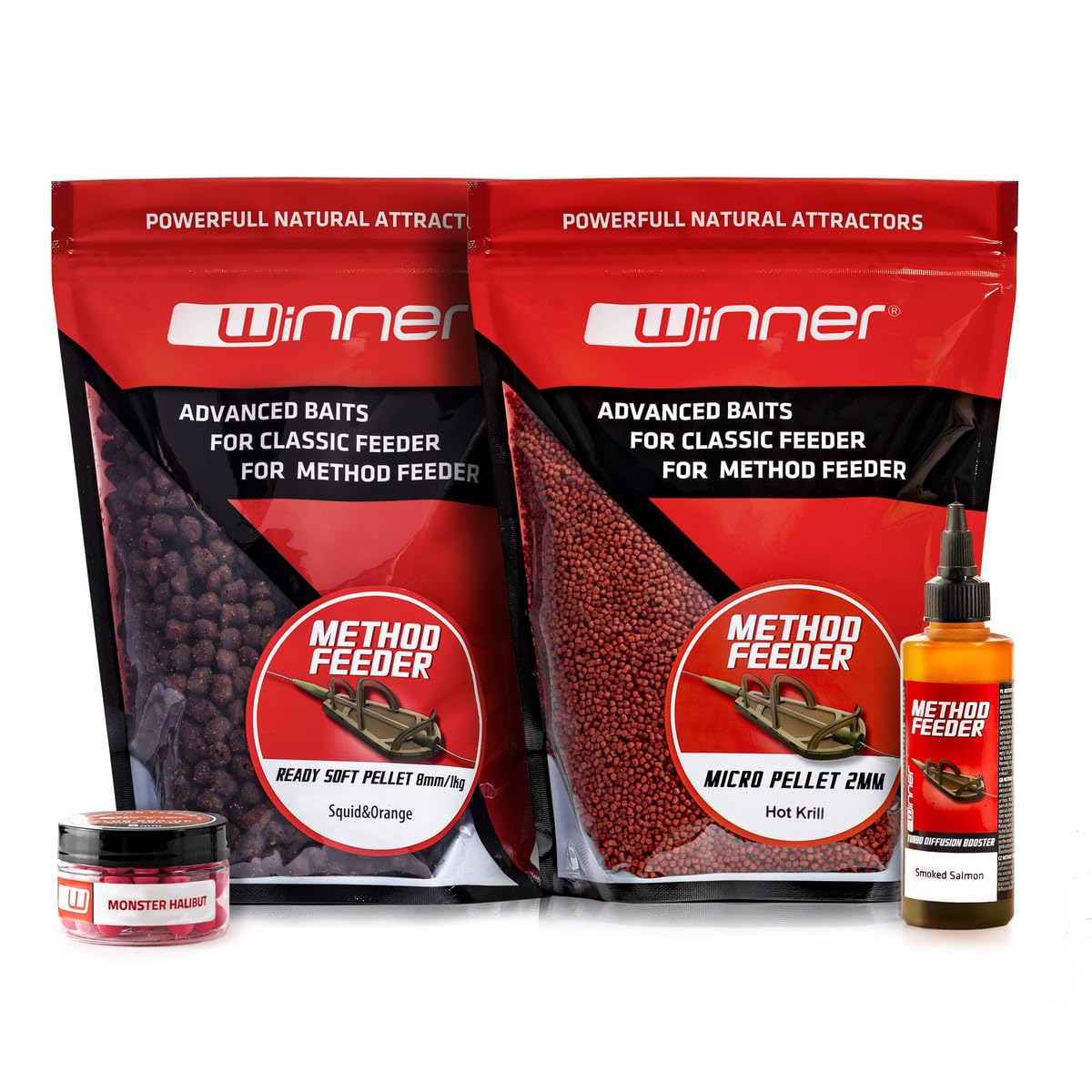 Tandem Baits Winner Session Method & Feeder Box Fish Set de 4 appâts, Ready Soft Pellet 8 mm, Micro Pellet 2 mm, Turbo Diffusion Booster, Fluo Pop Up Boilies 8 mm, Set d'appâts pour carpes