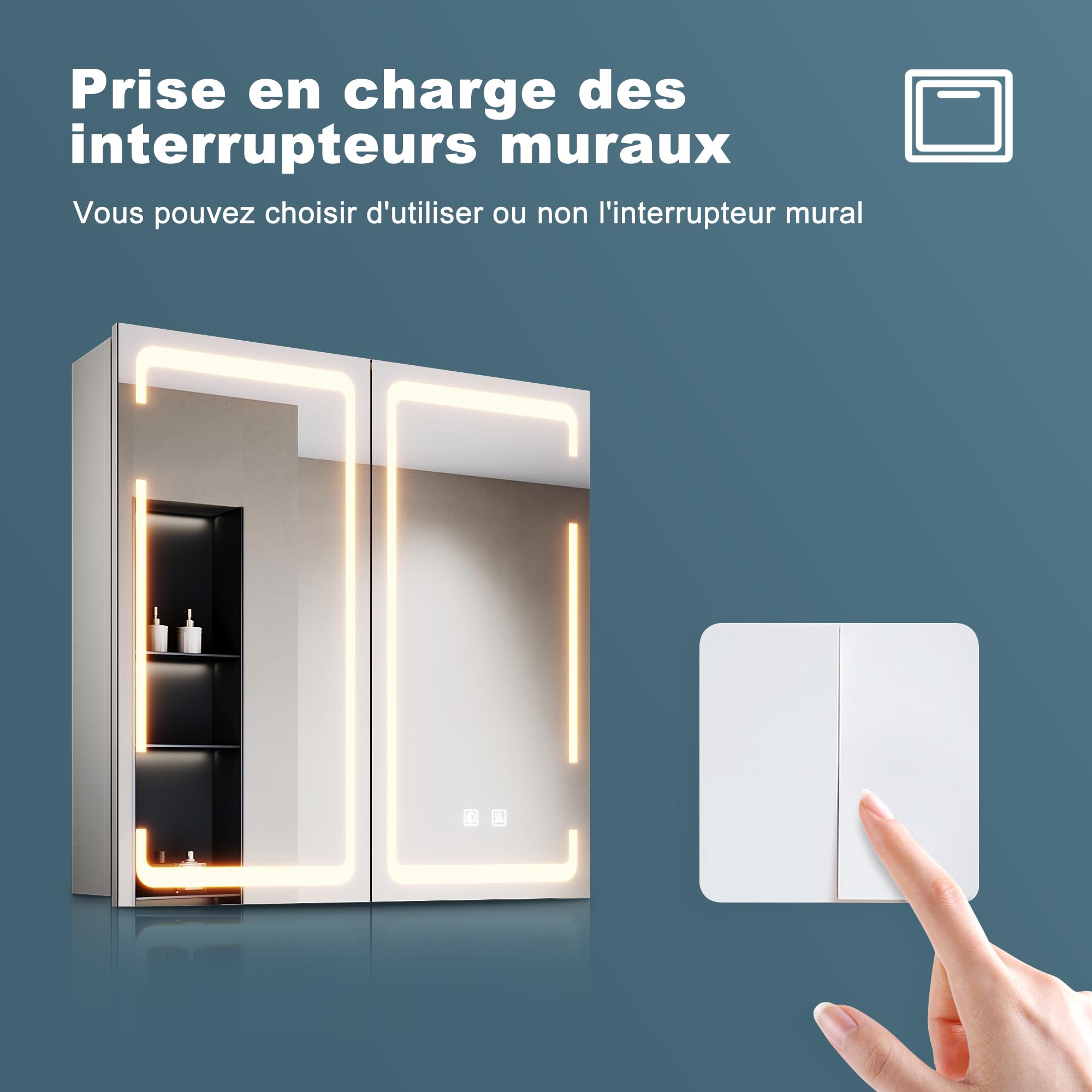 SIRHONA Armoire Miroir Salle de Bain avec Miroir, Armoire Pharmacie avec 3 Couleurs de Lumière Réglables et Anti-Buée, Armoire de Toilette avec Charnière Aans Fil, 59 x 60 x 14cm