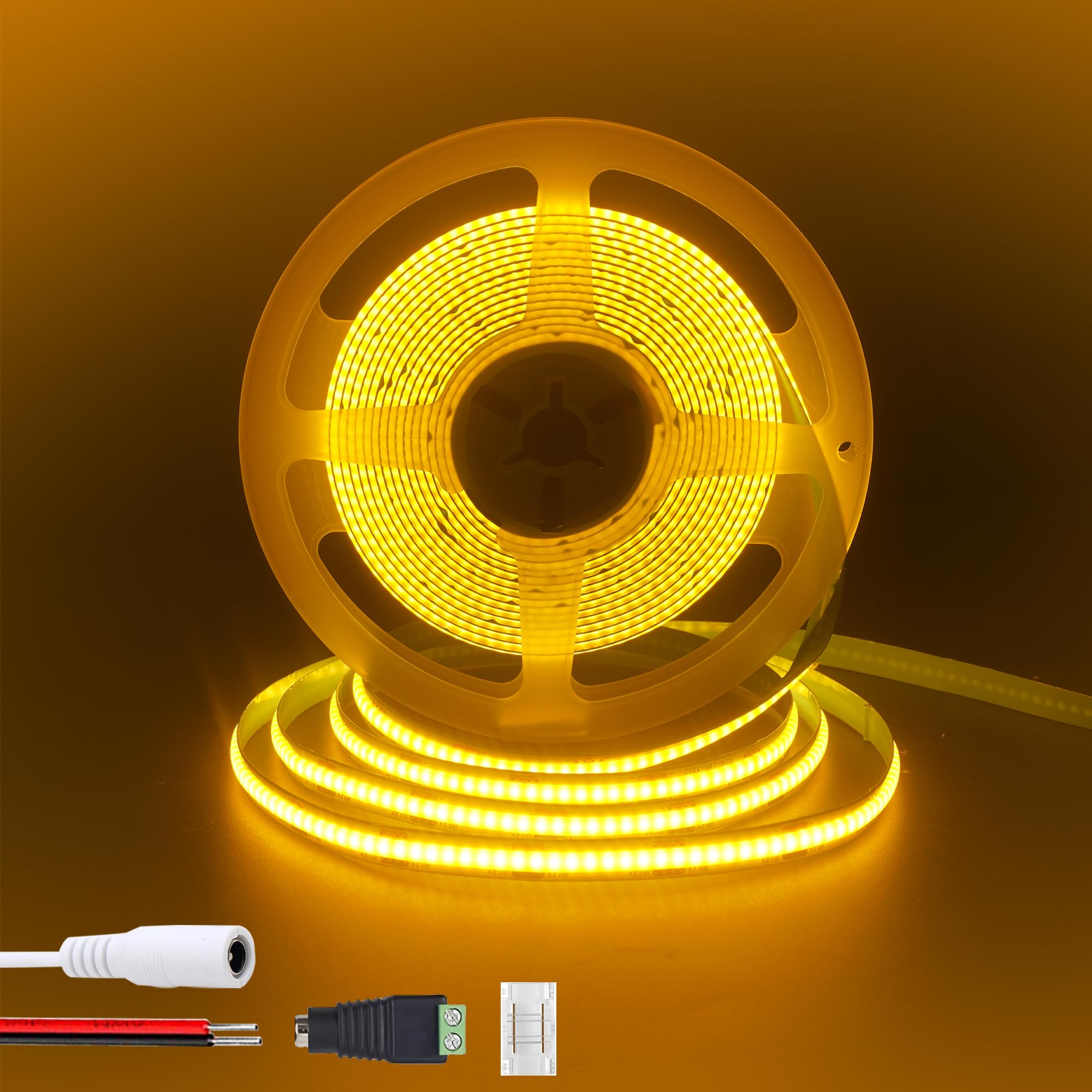 Clearhill 12V COB LED Strip Lights9.84FT/3M(No Power Supply),Orange,320LEDs/M,with 5521DC Female and red and Black Wire Connectors,8mm Width,IP20,for DIY Home Indoor Decoration