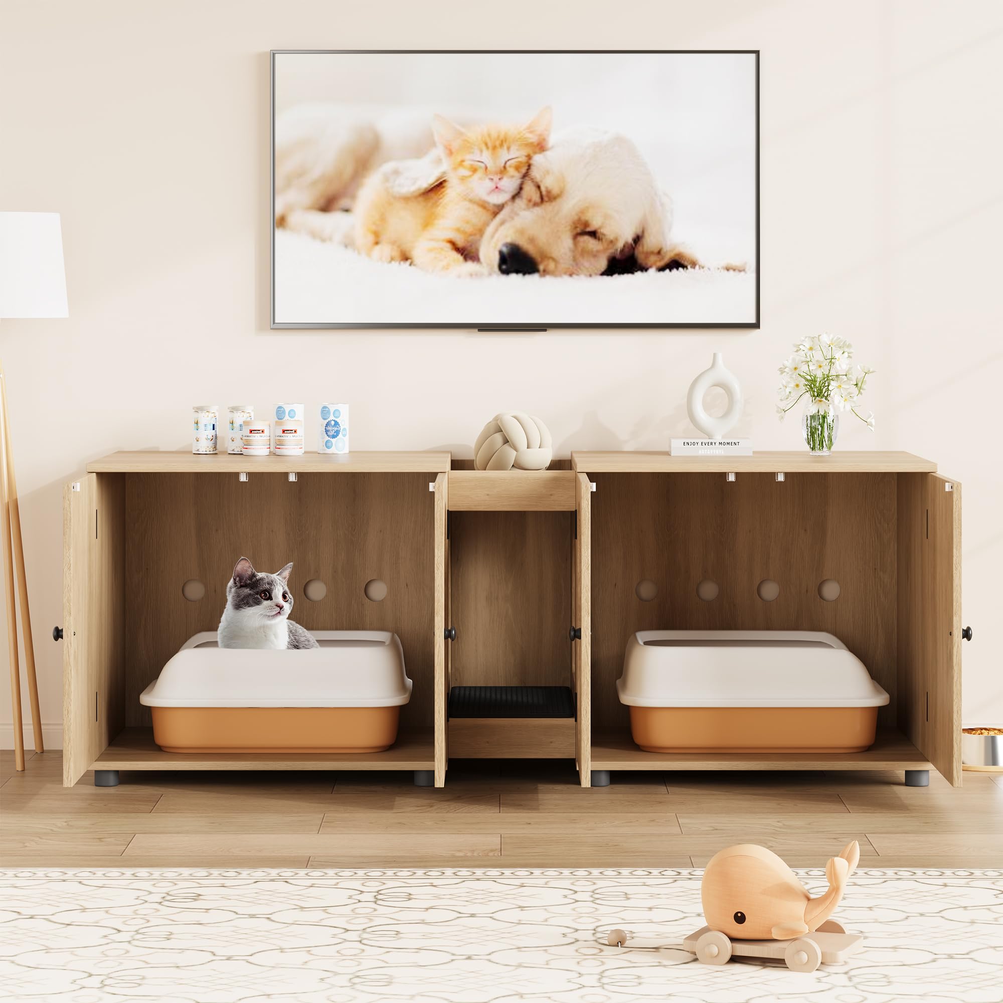 Doppeltes Katzenklo-Schrankmöbel für 2 Katzen, Großes Verstecktes Katzenhaus mit Türen, Inklusive Streuunterlage Hölzernes Haustierhaus Beistelltisch für Wohnzimmer, Schlafzimmer, Flur，Holz