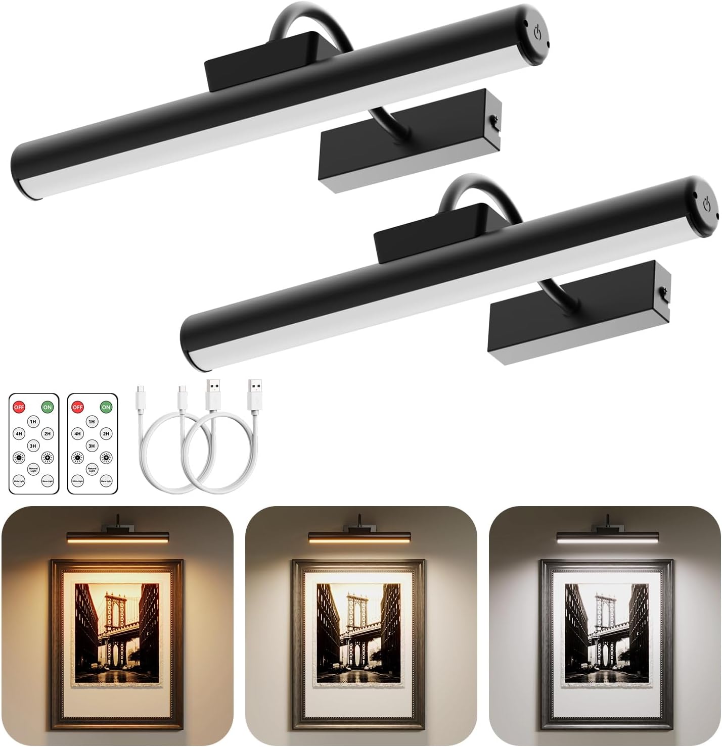 Wireless Picture Light with Remote, Battery Operated Wall Sconce 5000mAh, 3 Color Modes and Dimmable LED Wall Lights with Timer for Painting, Frame, Gallery, Dartboard, Bedroom (Black-2Pack) Black-13inch 2Pack