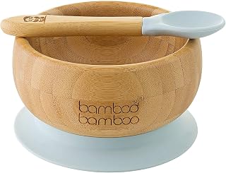 bamboo bamboo Bowl and Spoon Set with Silicone Suction Ring, Toddler Bowls with Baby Spoon for Feeding and Weaning - Bowl for Babies from 6 Months (Grey)