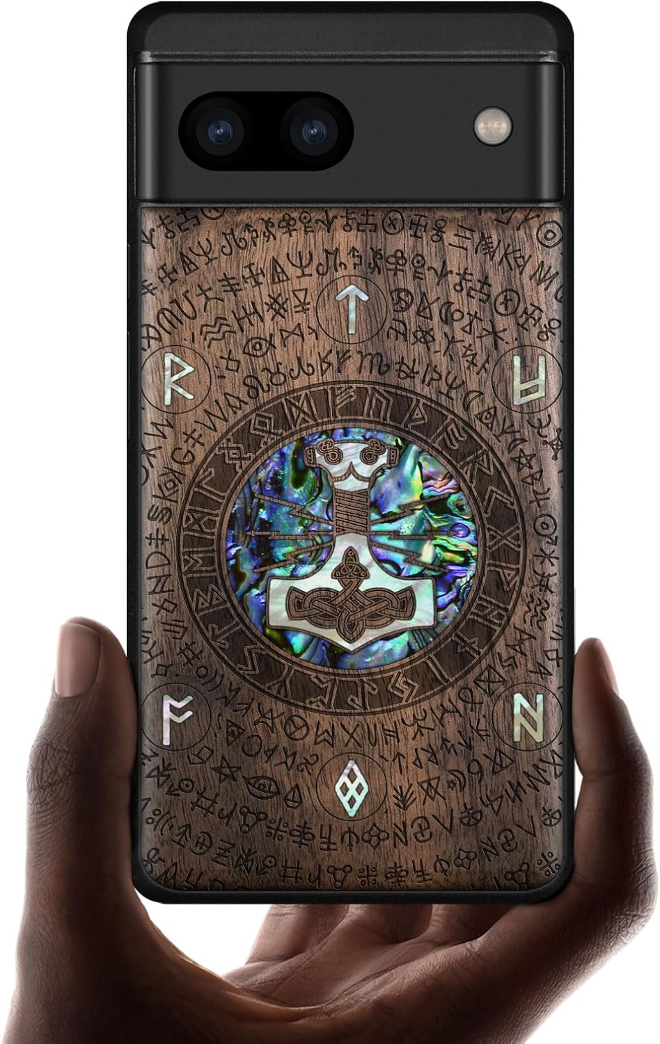 Carveit Designer Wooden Case for Google Pixel 8a Case Cover [Wood Engraving & Shell Inlay] Compatible with Wireless Chargers Pixel 8a (Thors Hammer-Walnut)