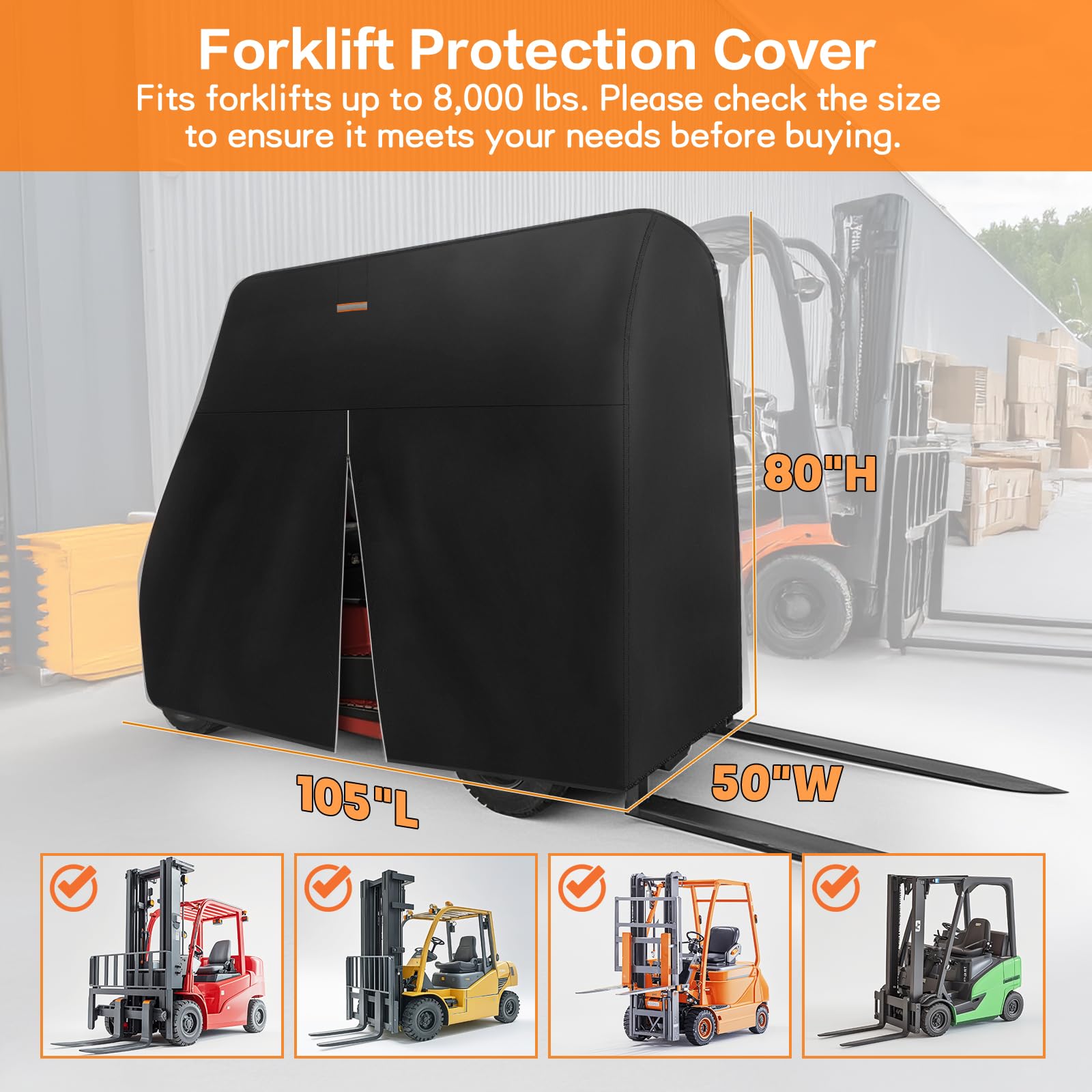 Forklift Cover 600D Fits All Forklifts Up to 8000Lbs All Weather - Waterproof, Sun Rain Snow UV Protection, Full Forklift Protection Cover with Zipper Door, Reflective Strips and Organizer Bag