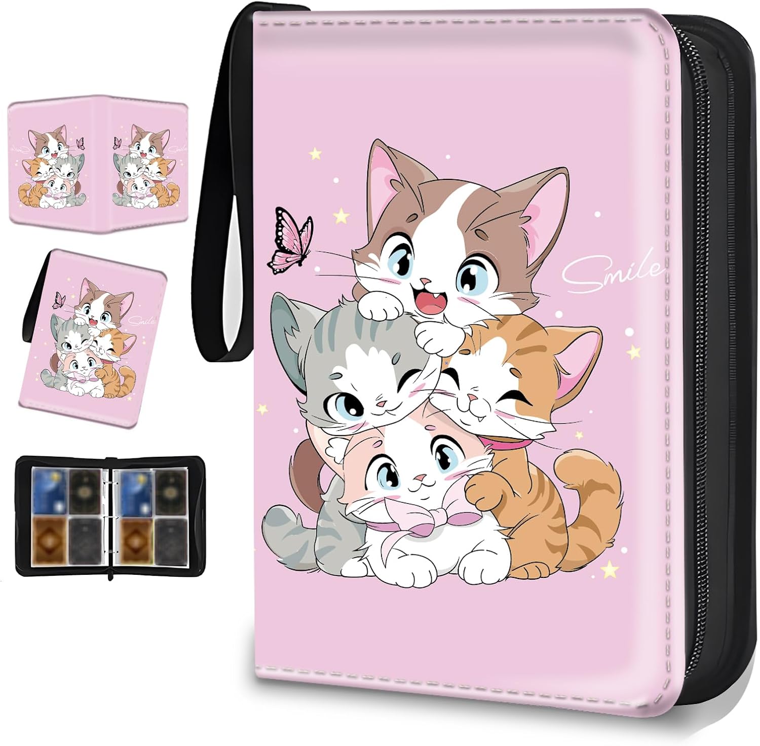 Card Binder for Girls Gifts 4 Pocket with 50 Sleeves 400 Cards Collectible Trading Binder Case Cute Album Holder Game sports collector supplier provides books、for MTG, TCG & Sport Cards(Cute 4 cats)