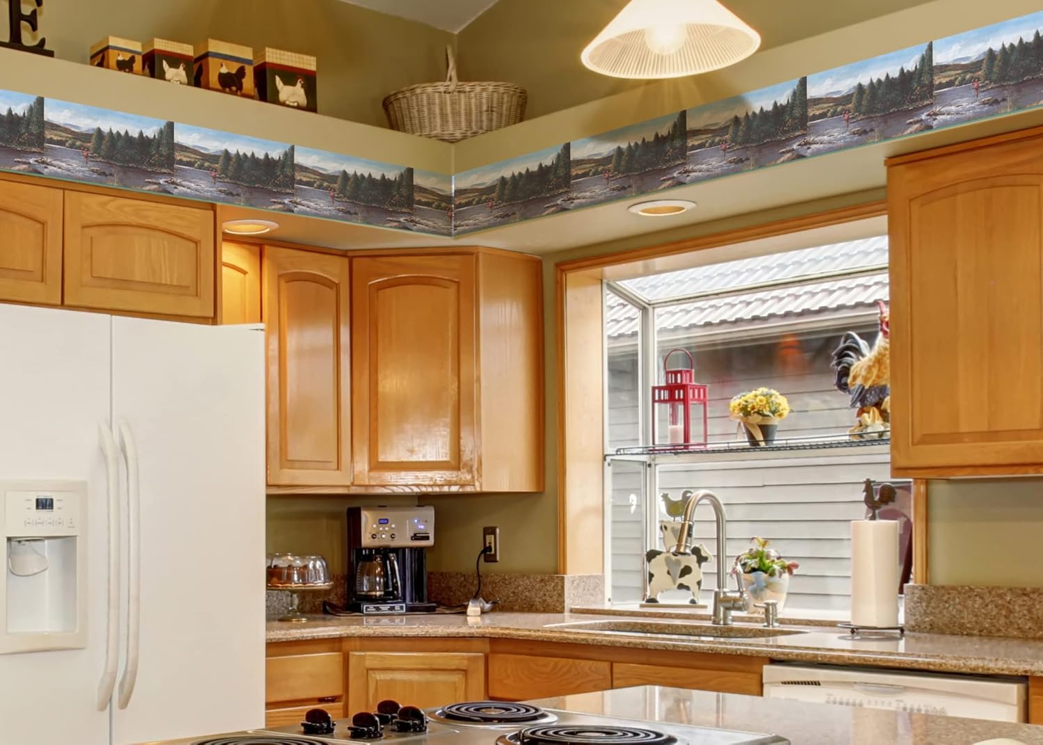 CONCORD WALLCOVERINGS ™ Wallpaper Border Country Pattern Trees Lake Man Fishing for Cottage, Green Blue Brown Yellow Red, 15 Feet by 10.25 Inches WE604B