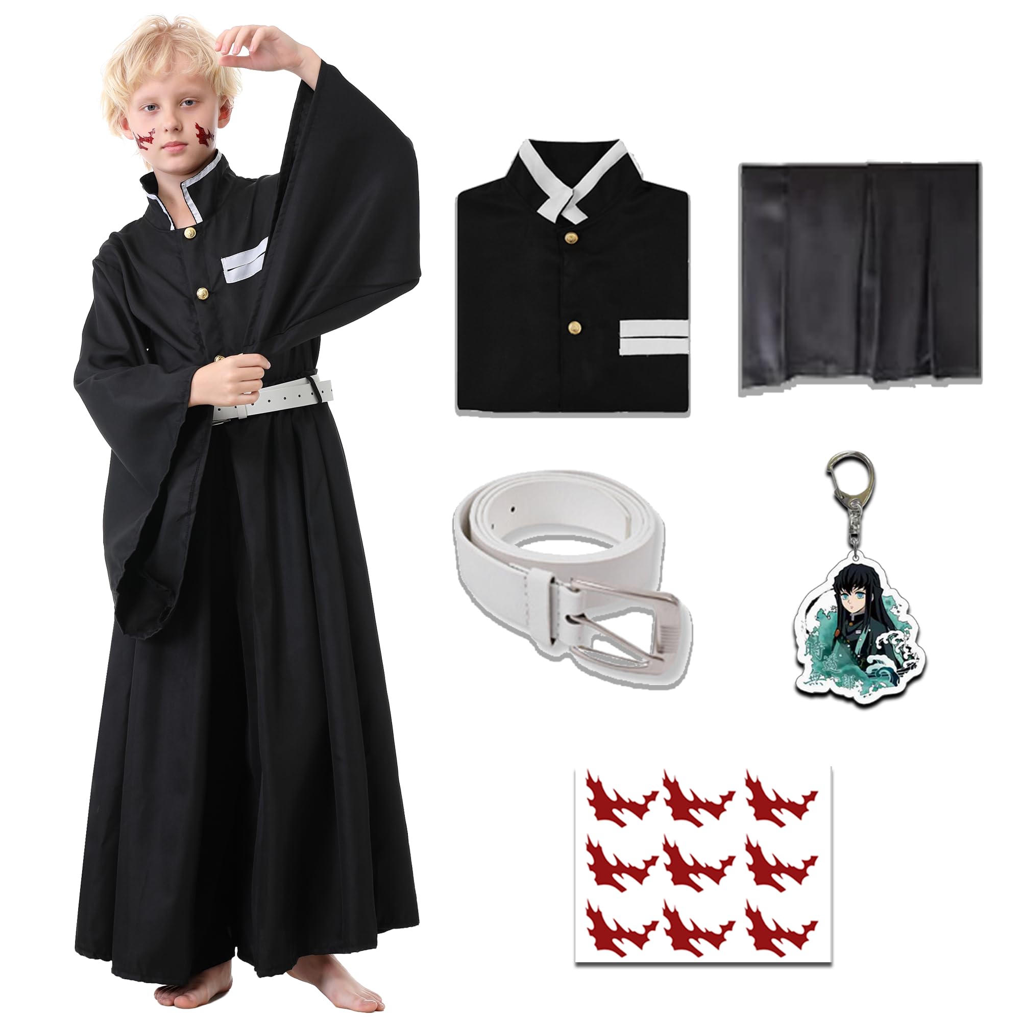 Arekcosy Muichirou Costume Kimono Uniform Giyuu Cosplay Halloween Anime Outfit Black Robe Set with Accessories (Adult-M)