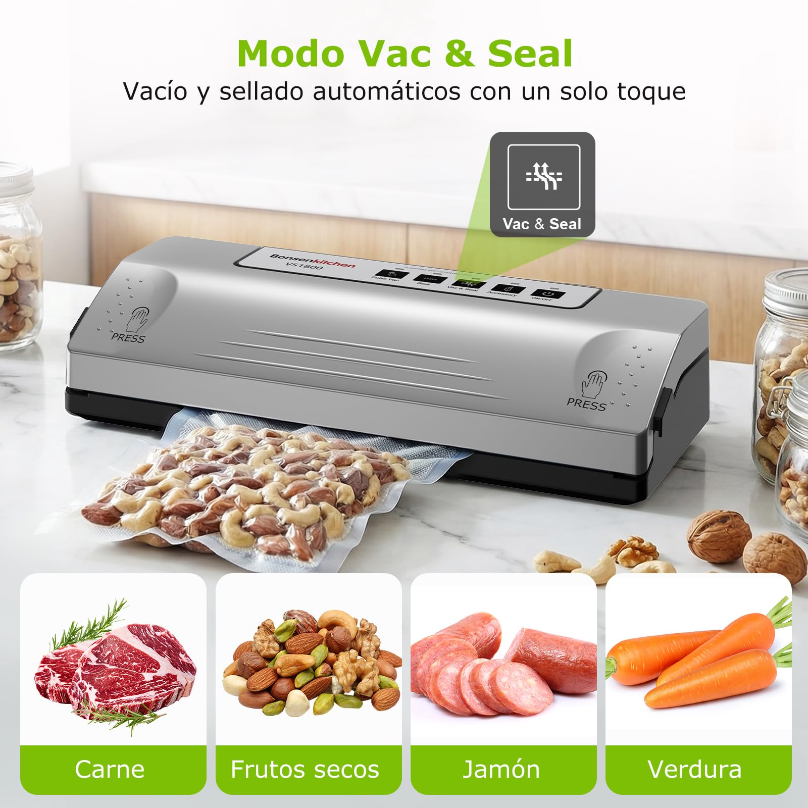 Bonsenkitchen Envasadora al Vacío, Sellado Robusto 30 cm, Función Pulse para Alimentos Húmedos, Kit de Vacío Externo, Uso Continuo con Protección Térmica, con 5 Bolsas, VS1800