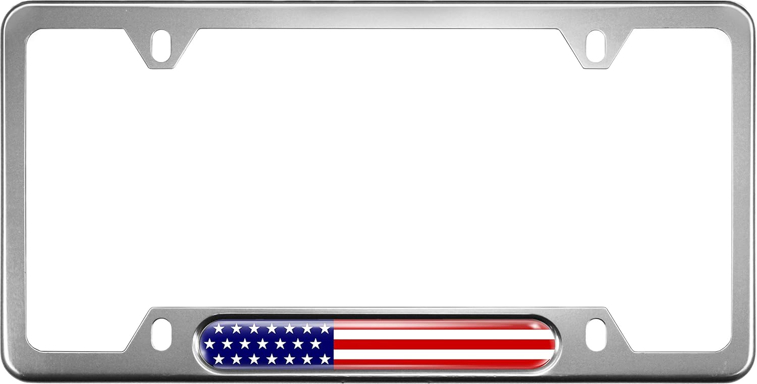 USA American Flag Car Narrow Top Aluminum License Plate Frame with Domed Design and Free Set of caps- Silver