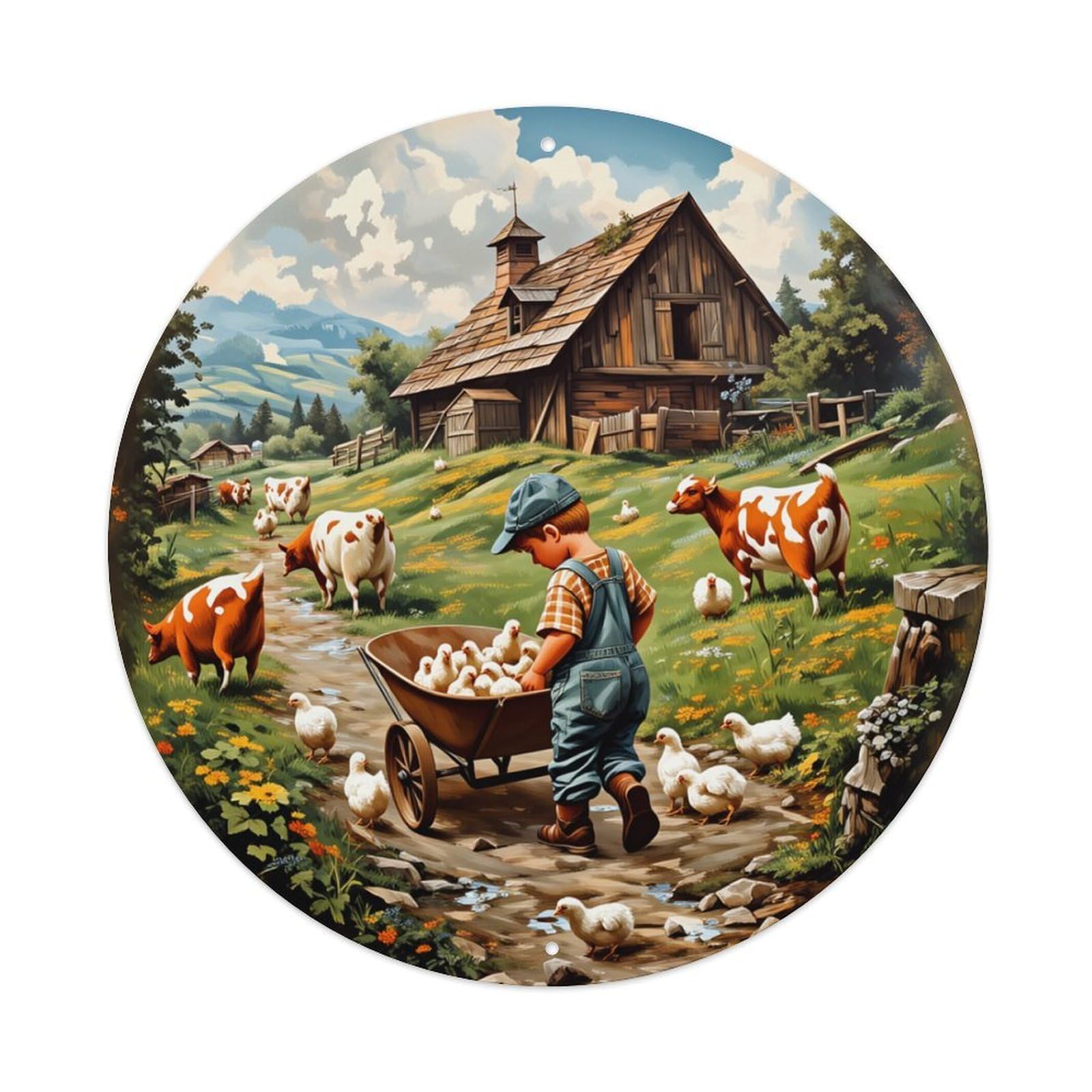 Farm Scene With Cows And Chickens Round Tin Sign Retro Metal Sign for Cafe Bar Pub Home Game Room Gym Club Wall Decoration Vintage Metal Poster 8x8 Inch
